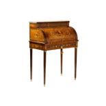 A Louis XVI style marble topped king bureau de cylinder, 20th/21st century, with tulipwood