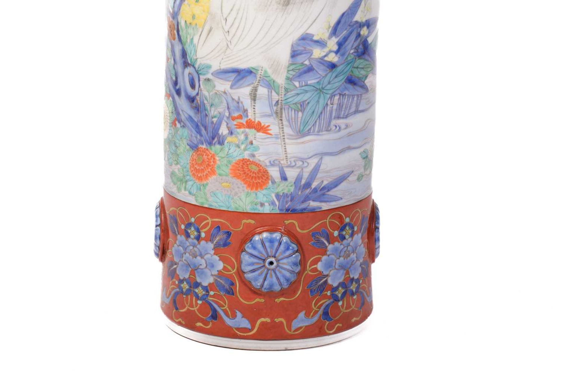 A large Japanese Fukagawa cylindrical porcelain stick stand, Meiji, late 19th century, painted - Image 10 of 16