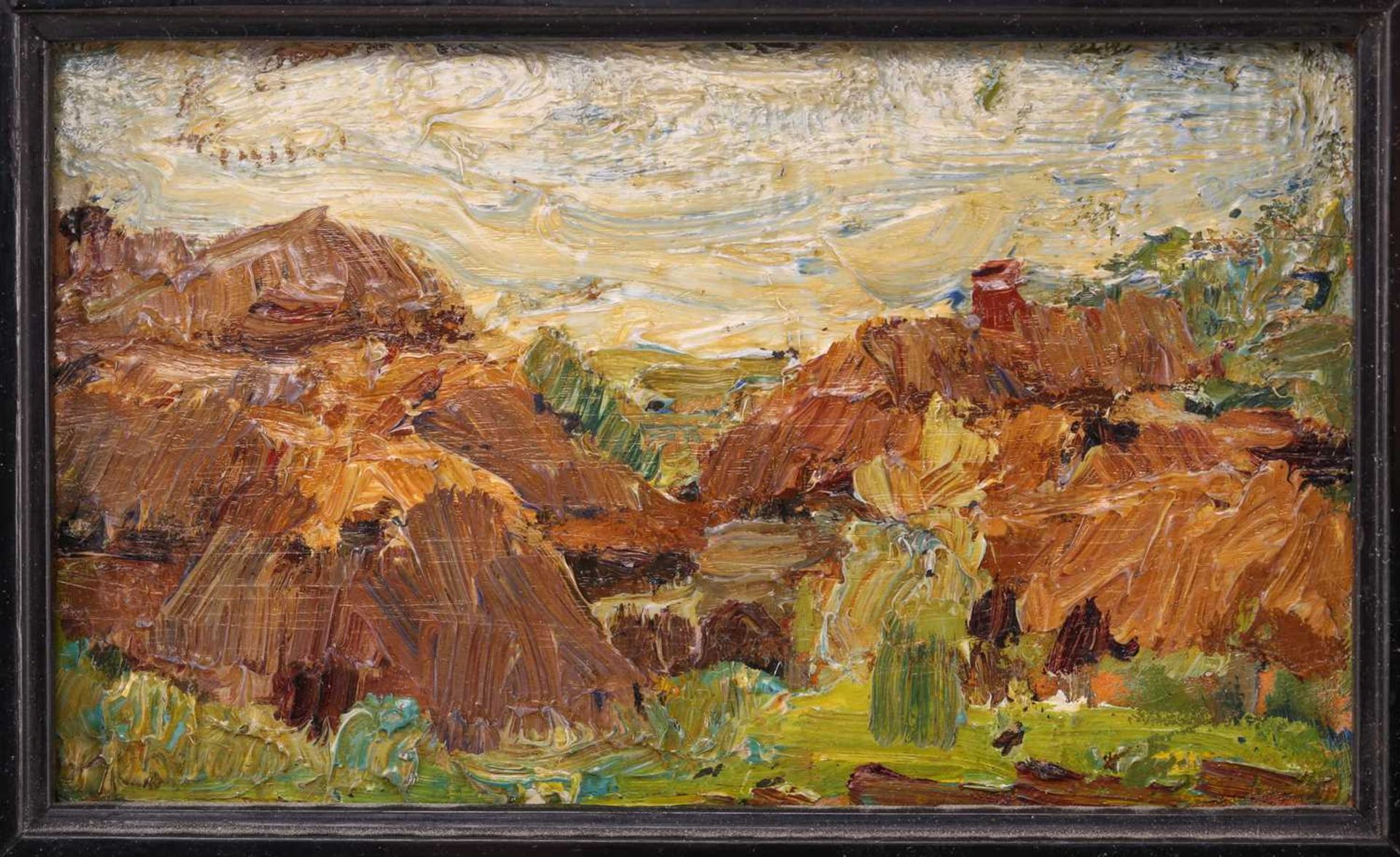 Sergei Vasilievich Malyutin (1859 - 1937), 'Reclining Figure' & ''Haystack', oil on panels, circa - Image 3 of 7