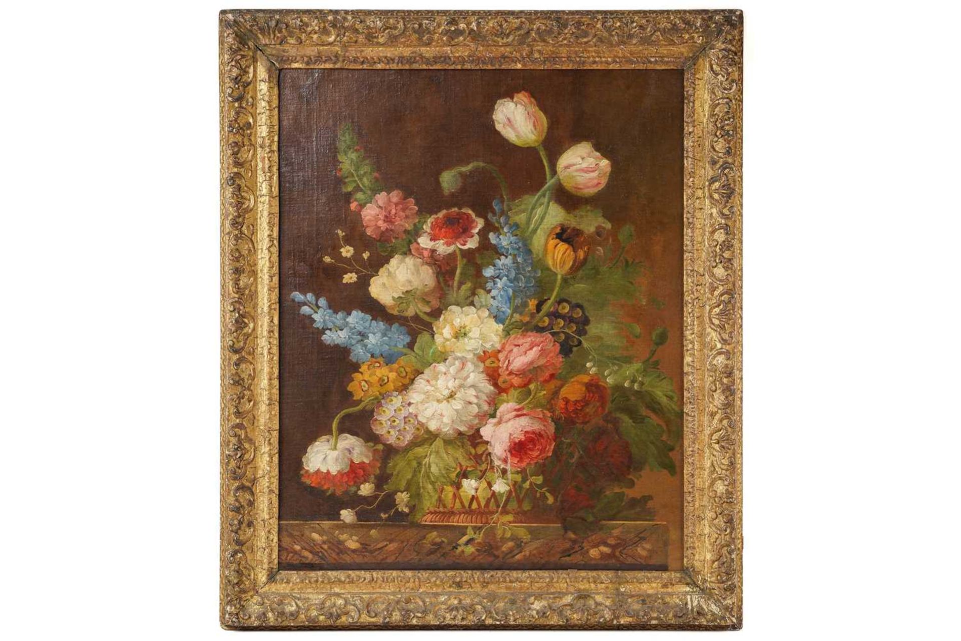 20th-century school, a still life study of flowers on a table, oil on canvas, indistinctly signed,
