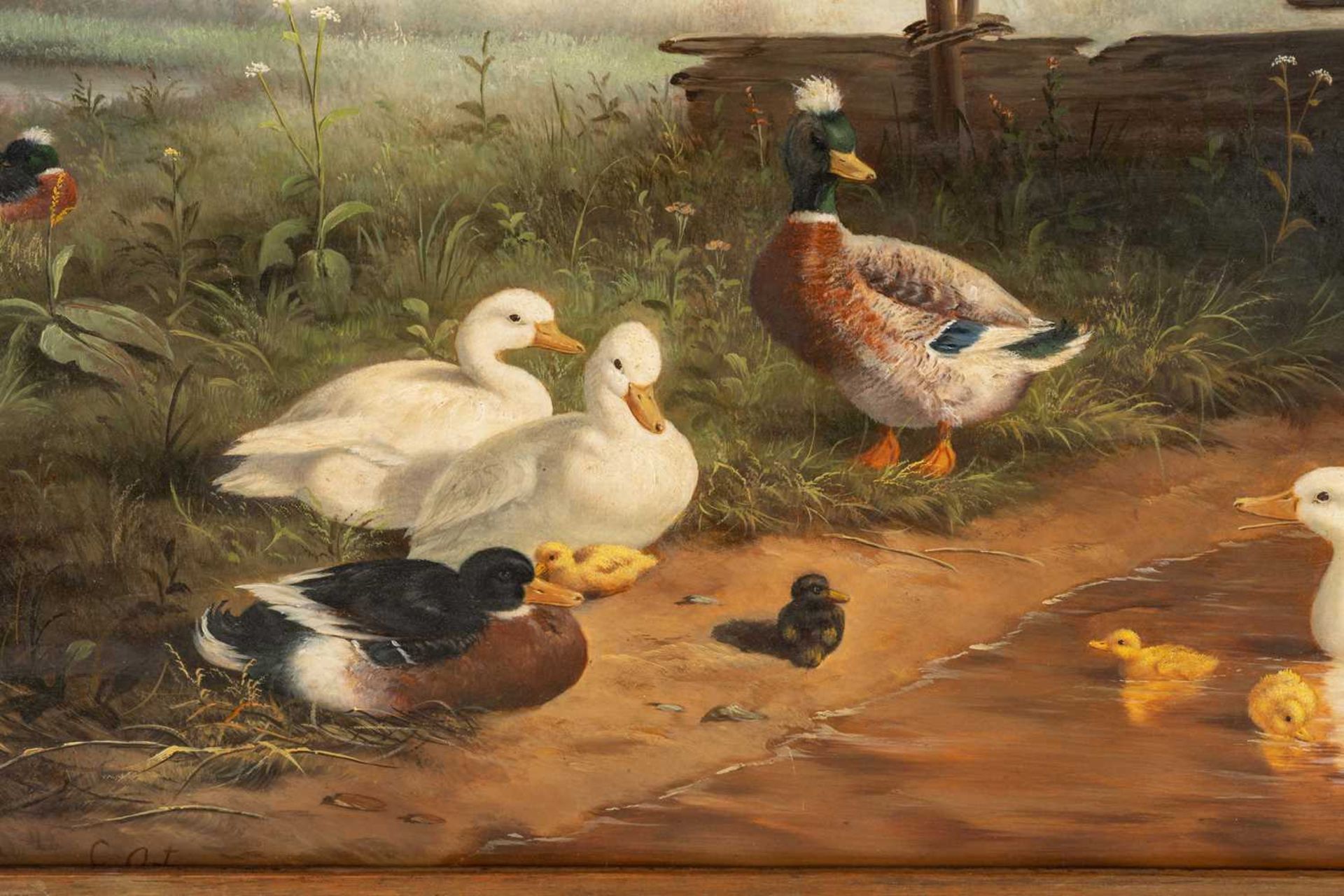 After Constant Artz (1870 - 1951), Ducks at a pond, bears signature C. Artz, oil on board, 38 x 48 - Image 2 of 10