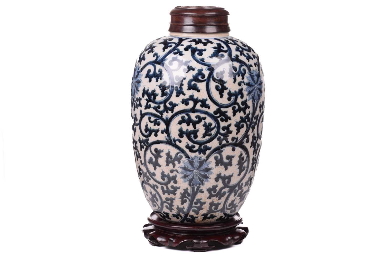 A Chinese Ming style blue and white ovoid vase, with allover foliate scroll and floral design, later - Image 16 of 29