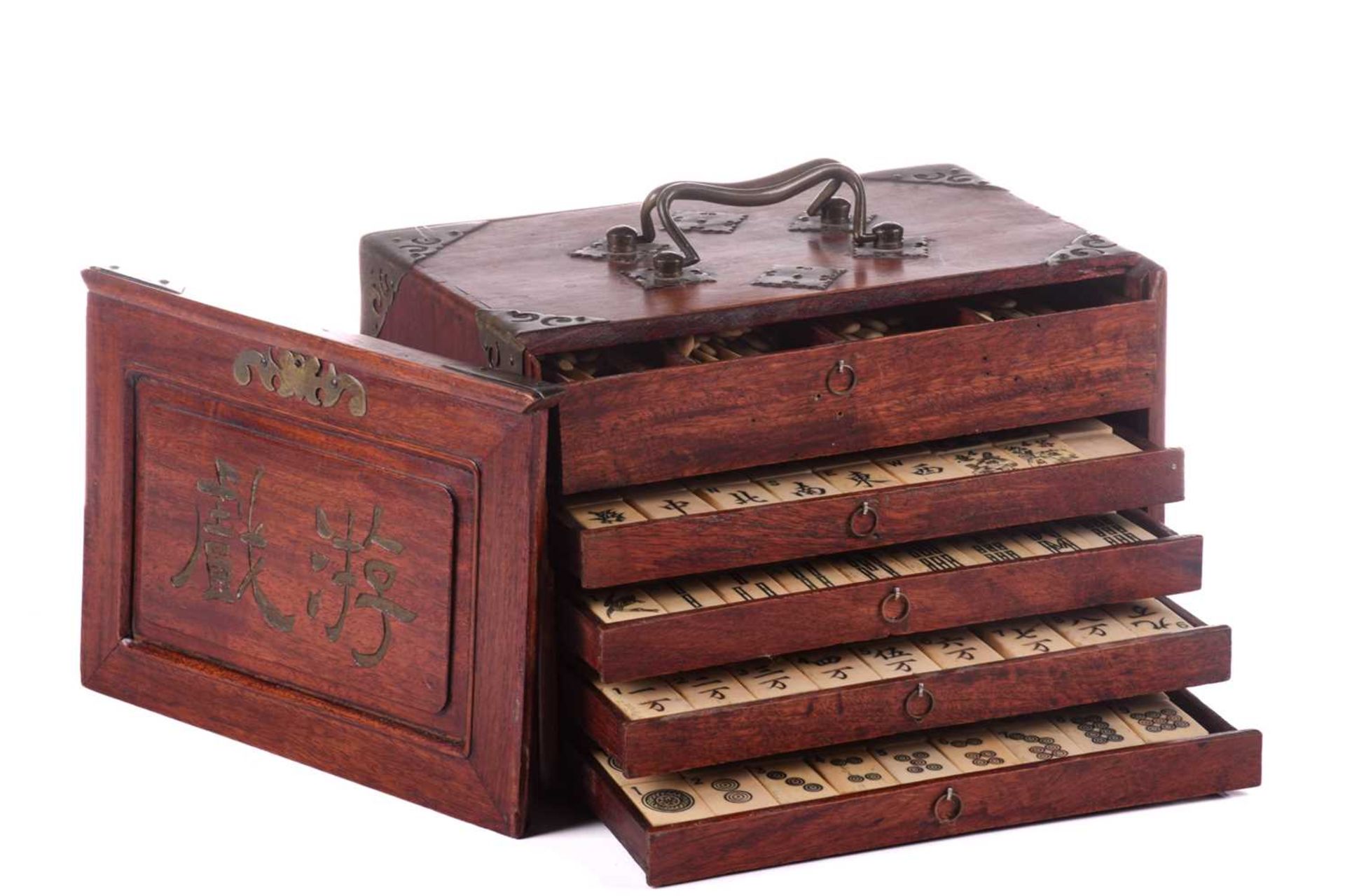 A Chinese Mahjong set, late Qing/early 20th century, complete with numerous bone sticks and bamboo