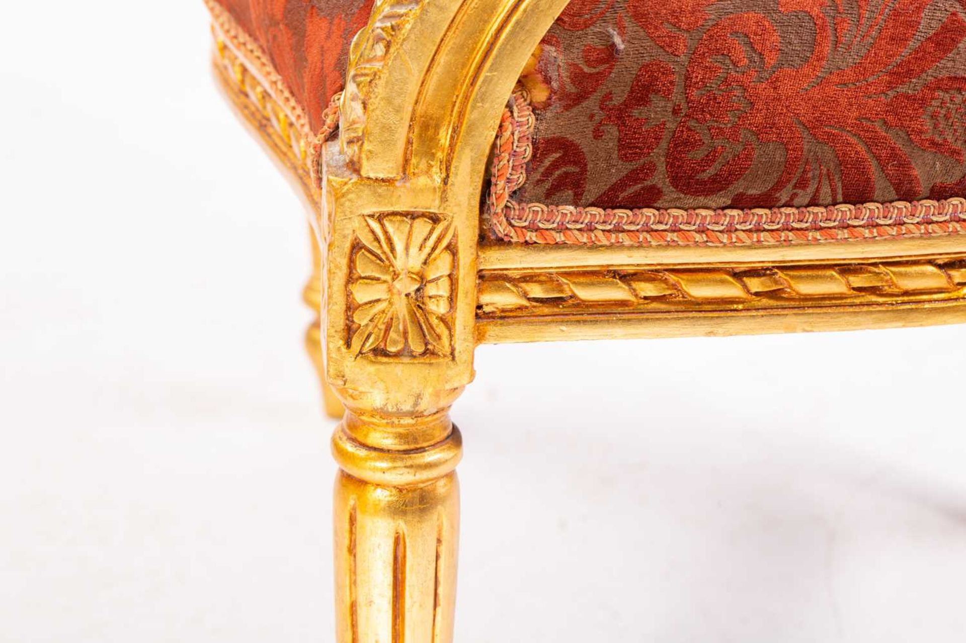A Louis XVI style gilt wood fauteuil, 20th century, with cameo back and ribbon carved outline, - Image 10 of 17