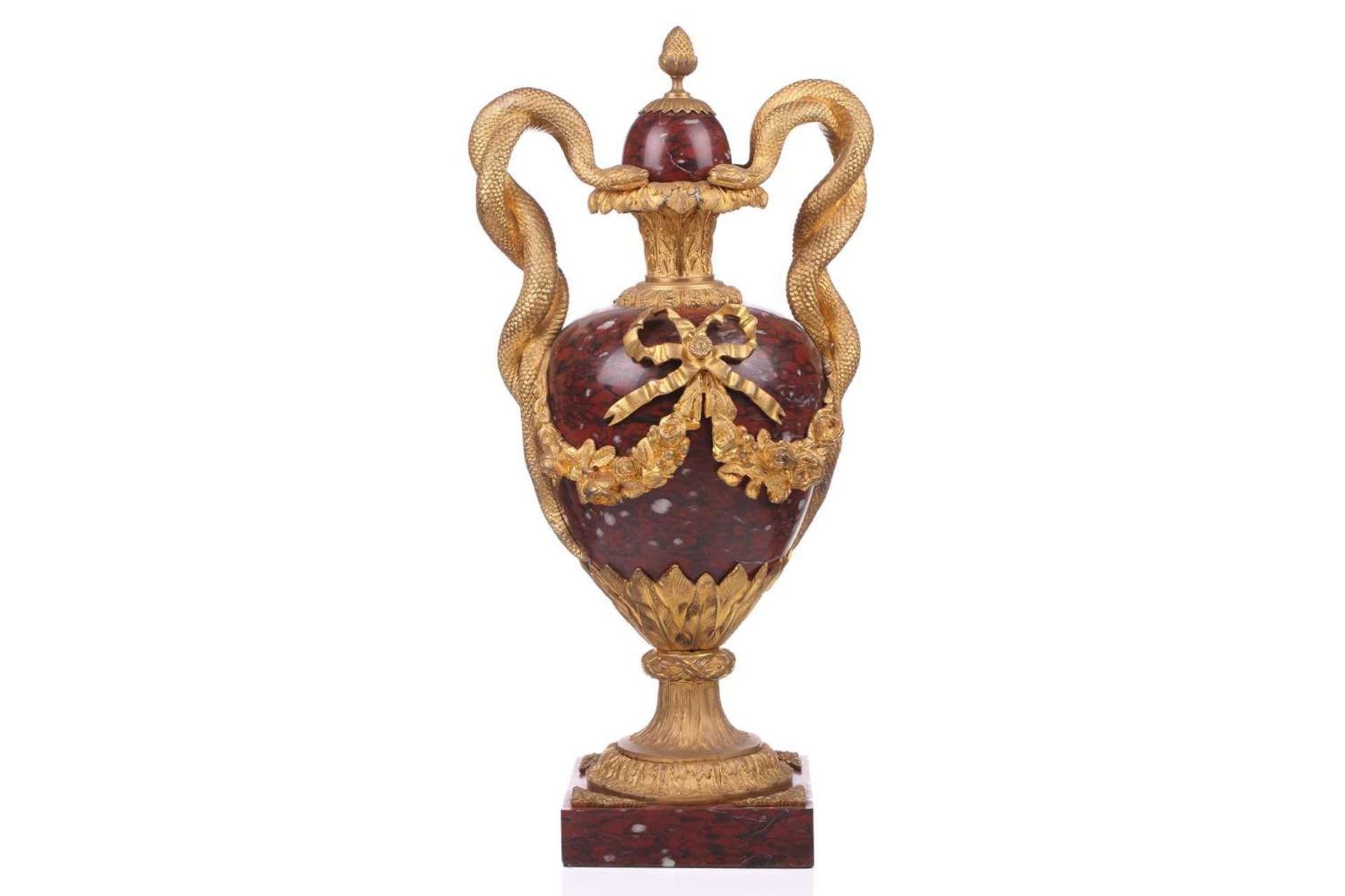 A pair of fine large Napoleon III rouge marble and ormolu serpent-handled urns and covers, each body - Image 11 of 31