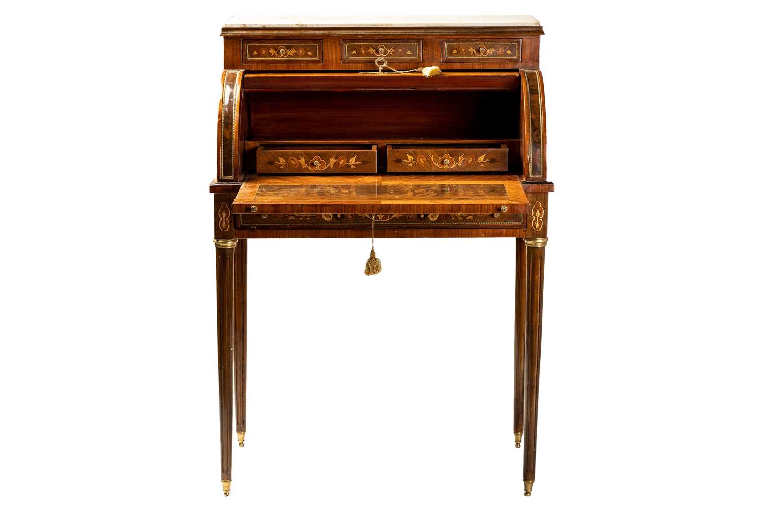 A Louis XVI style marble topped king bureau de cylinder, 20th/21st century, with tulipwood - Image 3 of 8