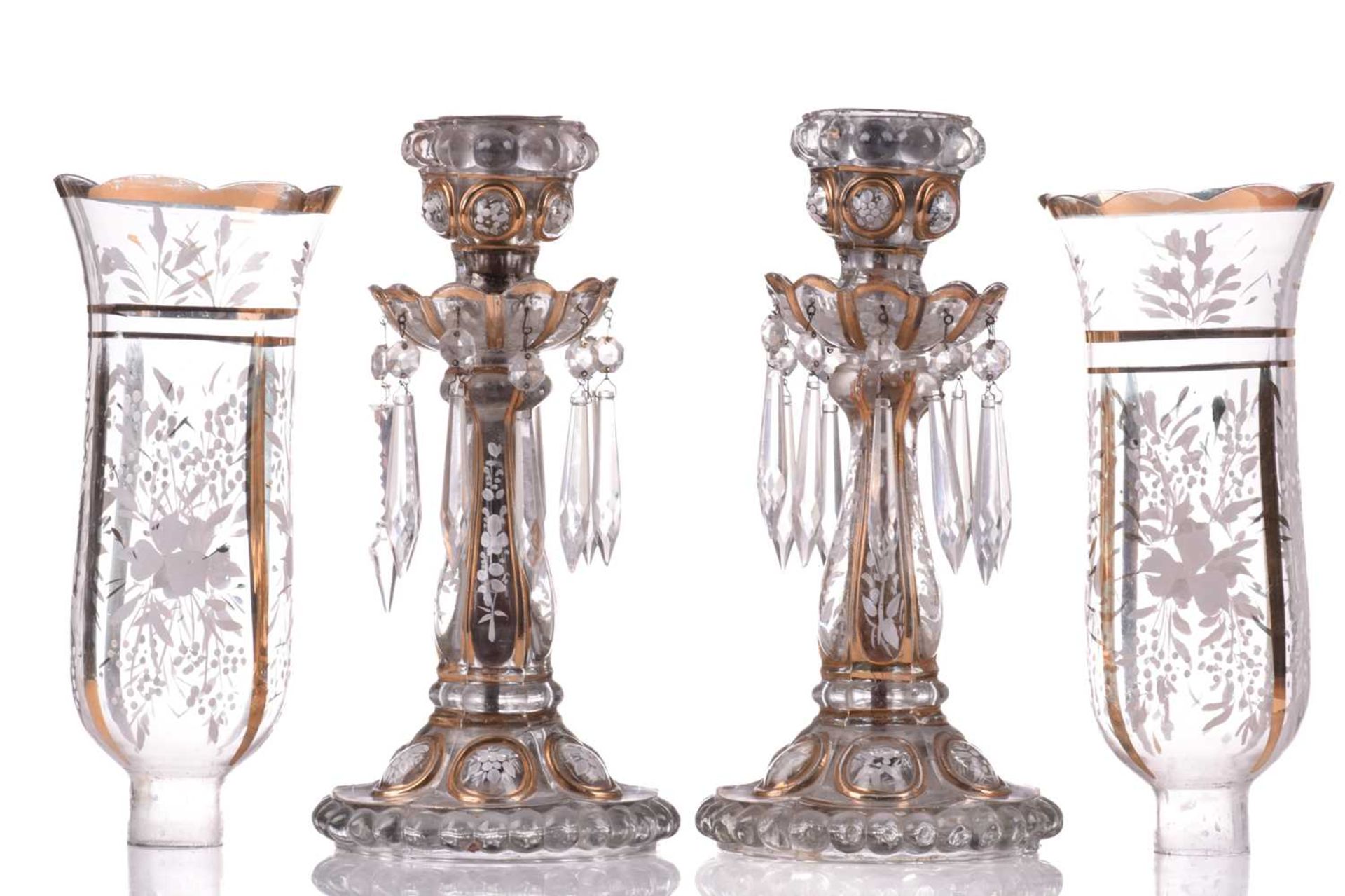 A pair of Victorian glass storm lights, with white enamel floral decoration and gilt highlights, the - Image 9 of 16
