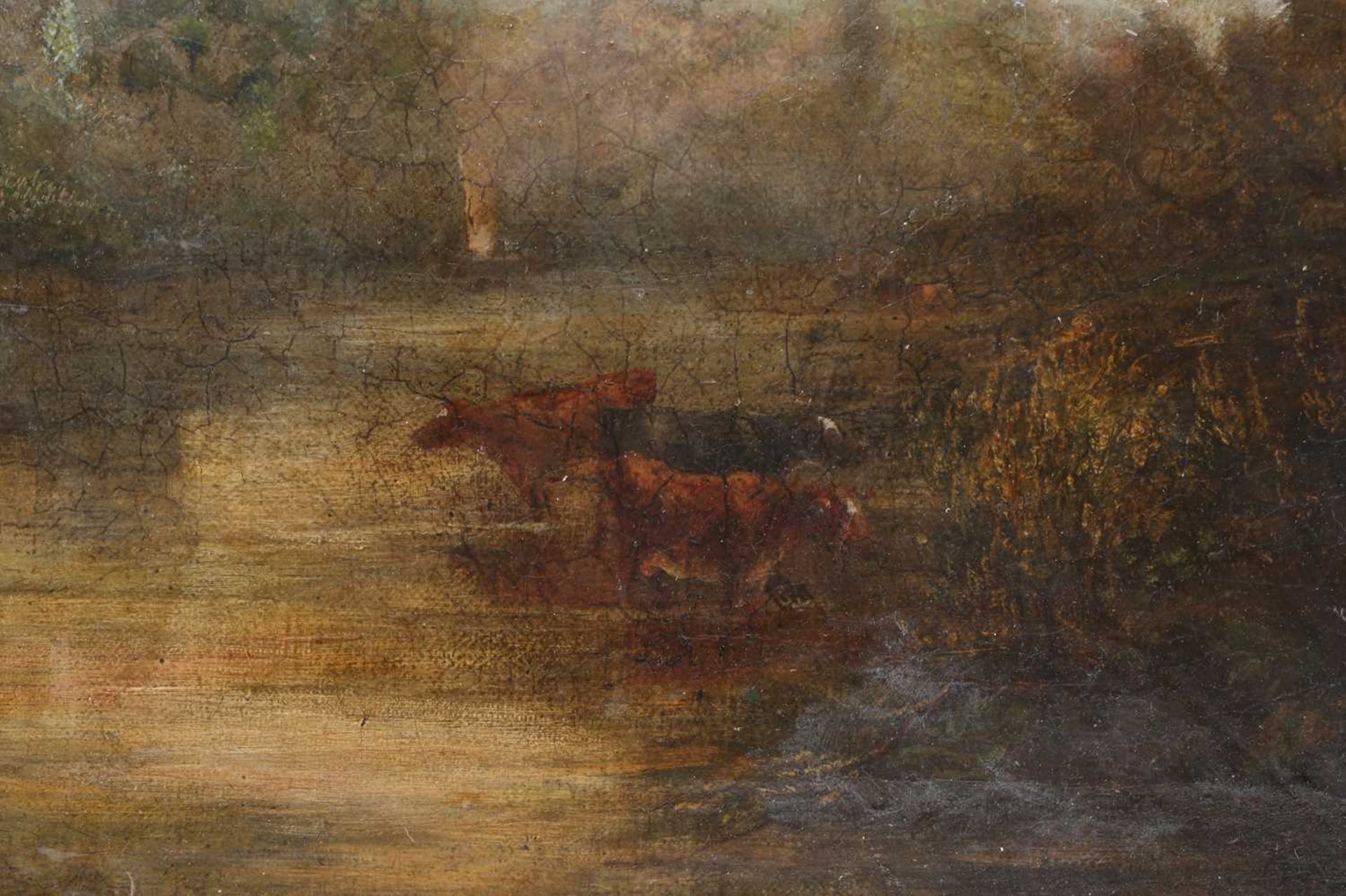 F Hancock, the end of day,cattle watering at a river, with figures in a boat and a castle ruin to - Image 3 of 11