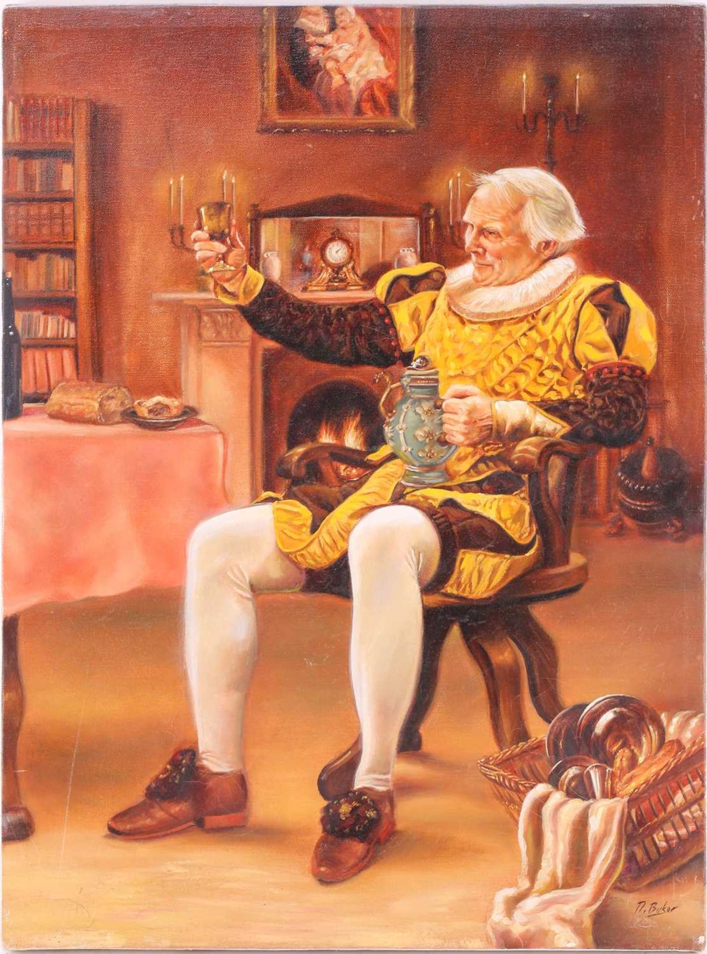 Darren Baker (b.1976), Portrait of a cavalier in a ruff and holding up a goblet, signed, oil on - Image 9 of 20
