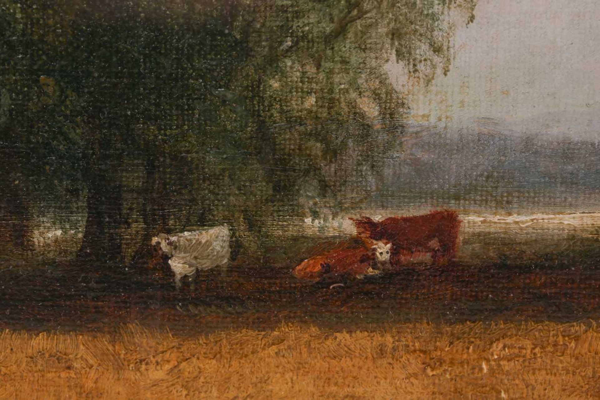 Manner of Joseph Paul Pettitt (1812 - 1882), cattle grazing beneath a tree, a town in the distant, - Image 4 of 13