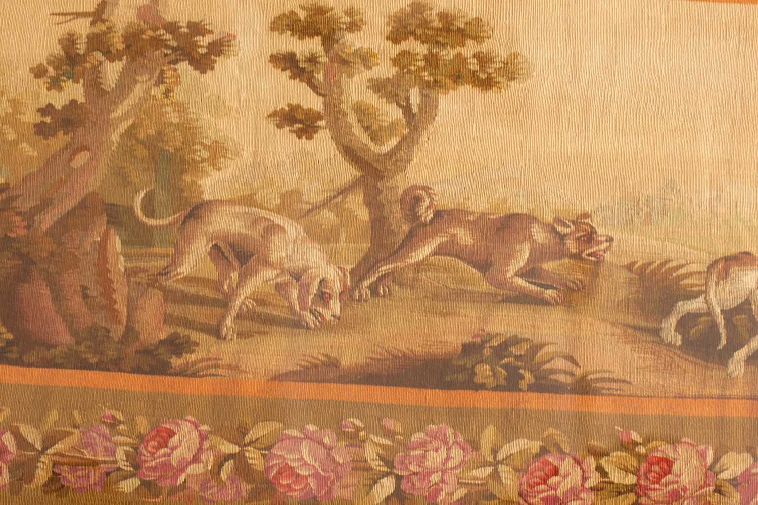 A pair of Aubusson tapestry frieze panels, late 19th/20th century, each woven with combative - Image 6 of 8