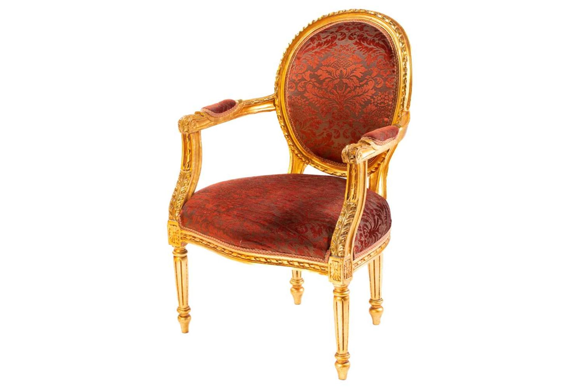 A Louis XVI style gilt wood fauteuil, 20th century, with cameo back and ribbon carved outline, - Bild 7 aus 17