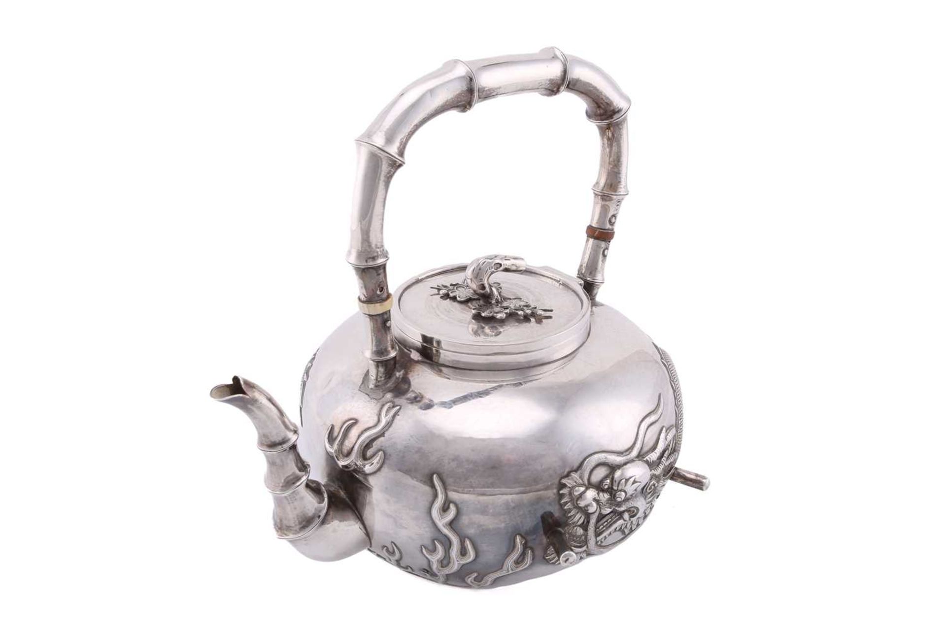 A Chinese silver four piece tea set by Wang Hing, late Qing, the covers with knops in the form of - Image 4 of 24