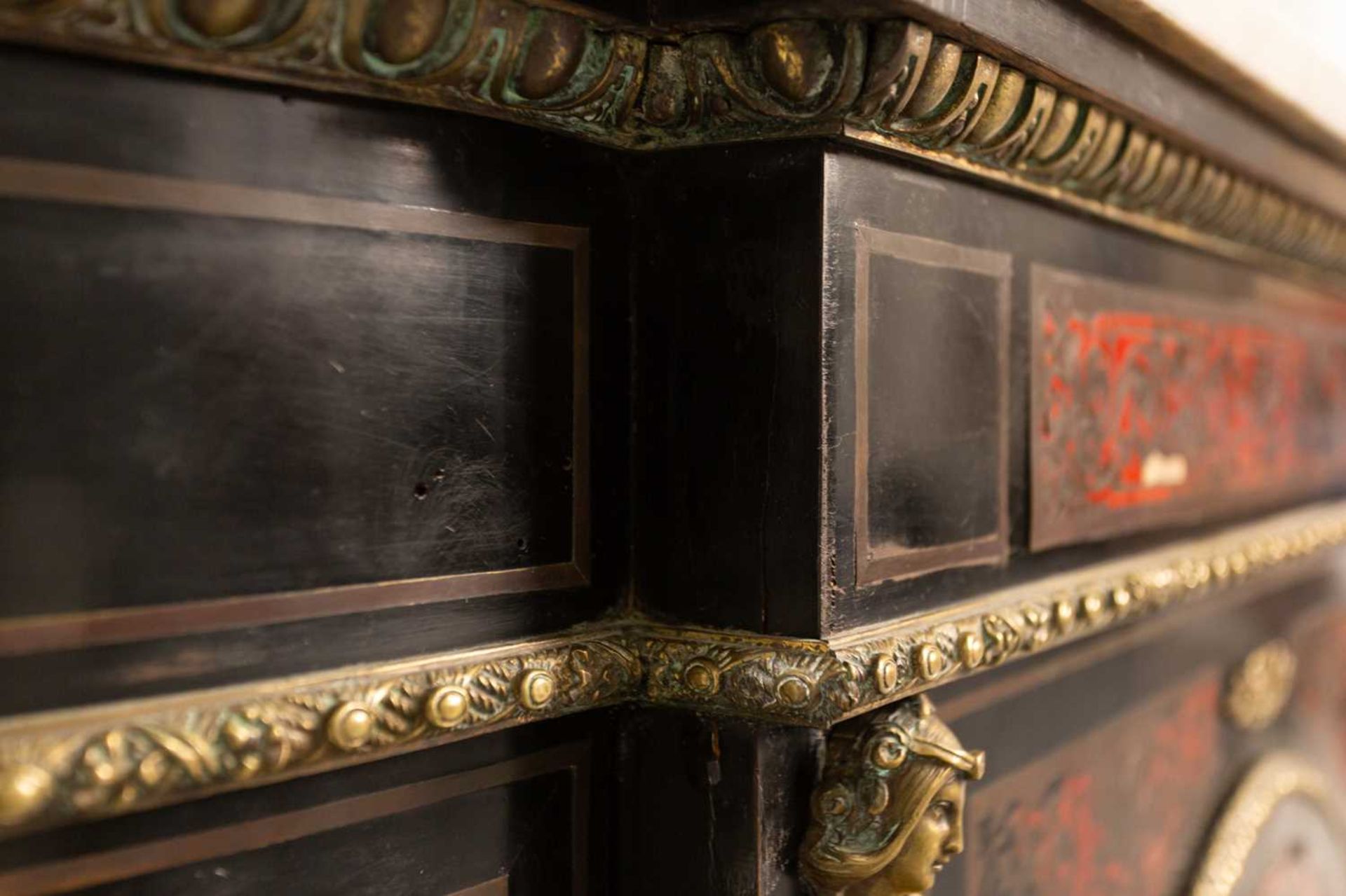 A Napoleon III marble topped ebonised and red Boule inlaid breakfront credenza, late 19th century, - Bild 7 aus 11