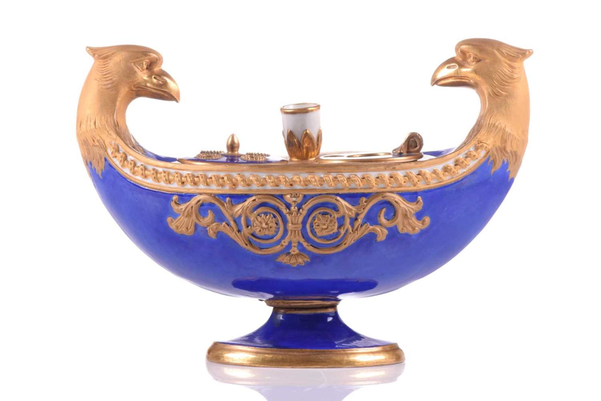 A Sevres porcelain Empire design eagle-headed double, encrier (inkstand), 19th century, the oval