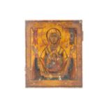 A 19th/20th-century Russian icon depicting Our Lady of the Sign painted in egg tempera on a gesso-