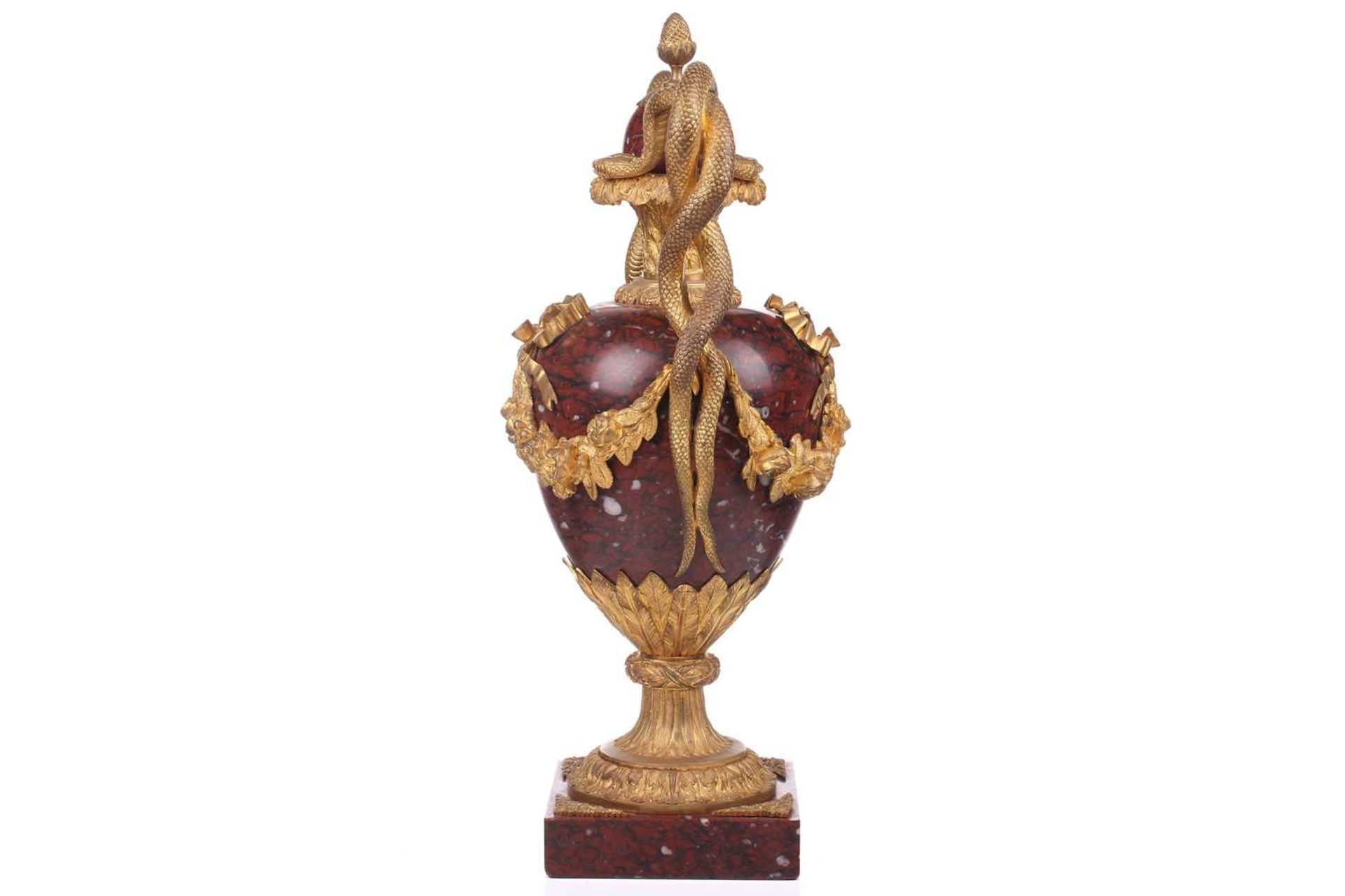 A pair of fine large Napoleon III rouge marble and ormolu serpent-handled urns and covers, each body - Image 10 of 31