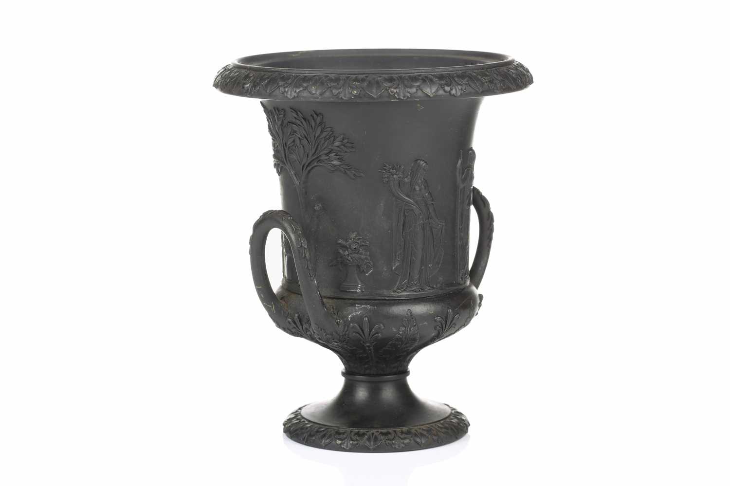 A 19th century Wedgwood black basalt urn of Campagna form, relief decorated with neo-classical - Image 7 of 11