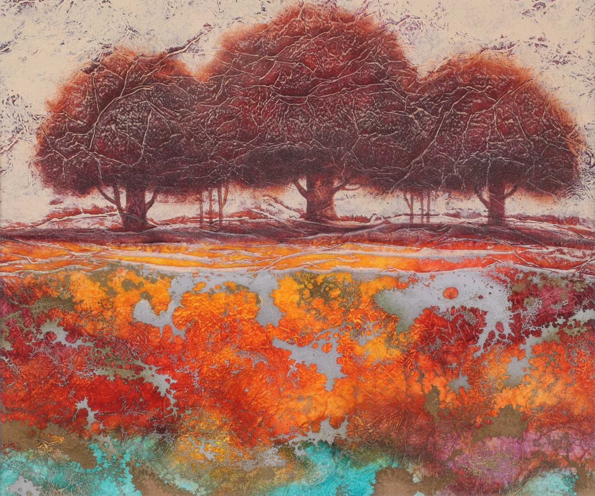 Kerry Darlington (b.1974), a large tryptych, trees, mixed media on board, signed to right-hand - Image 6 of 13