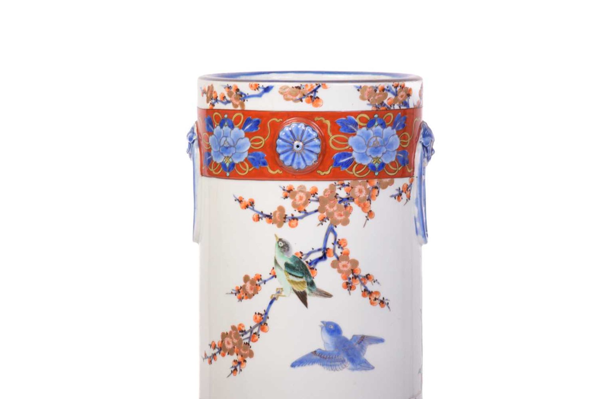 A large Japanese Fukagawa cylindrical porcelain stick stand, Meiji, late 19th century, painted - Image 8 of 16