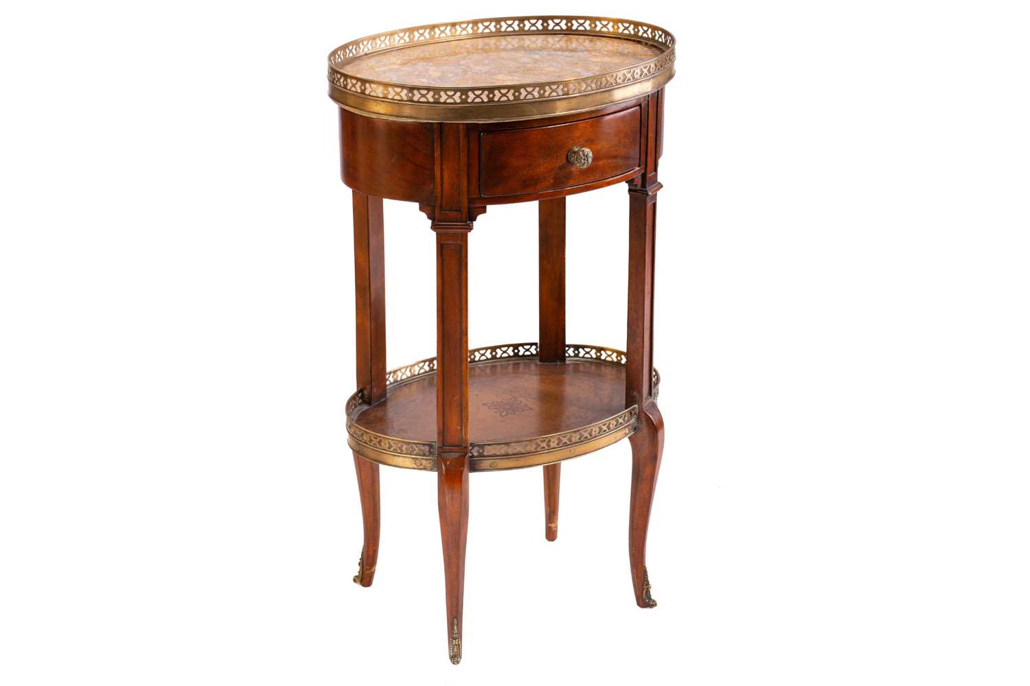 A French Napoleon III style mahogany oval table en chiffonier with marble top, 20th century, with