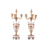 A pair of ormolu and white marble three-sconce candelabras, late 19th century, each with three