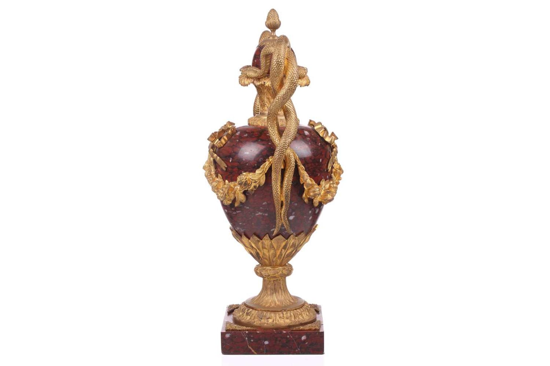 A pair of fine large Napoleon III rouge marble and ormolu serpent-handled urns and covers, each body - Image 13 of 31