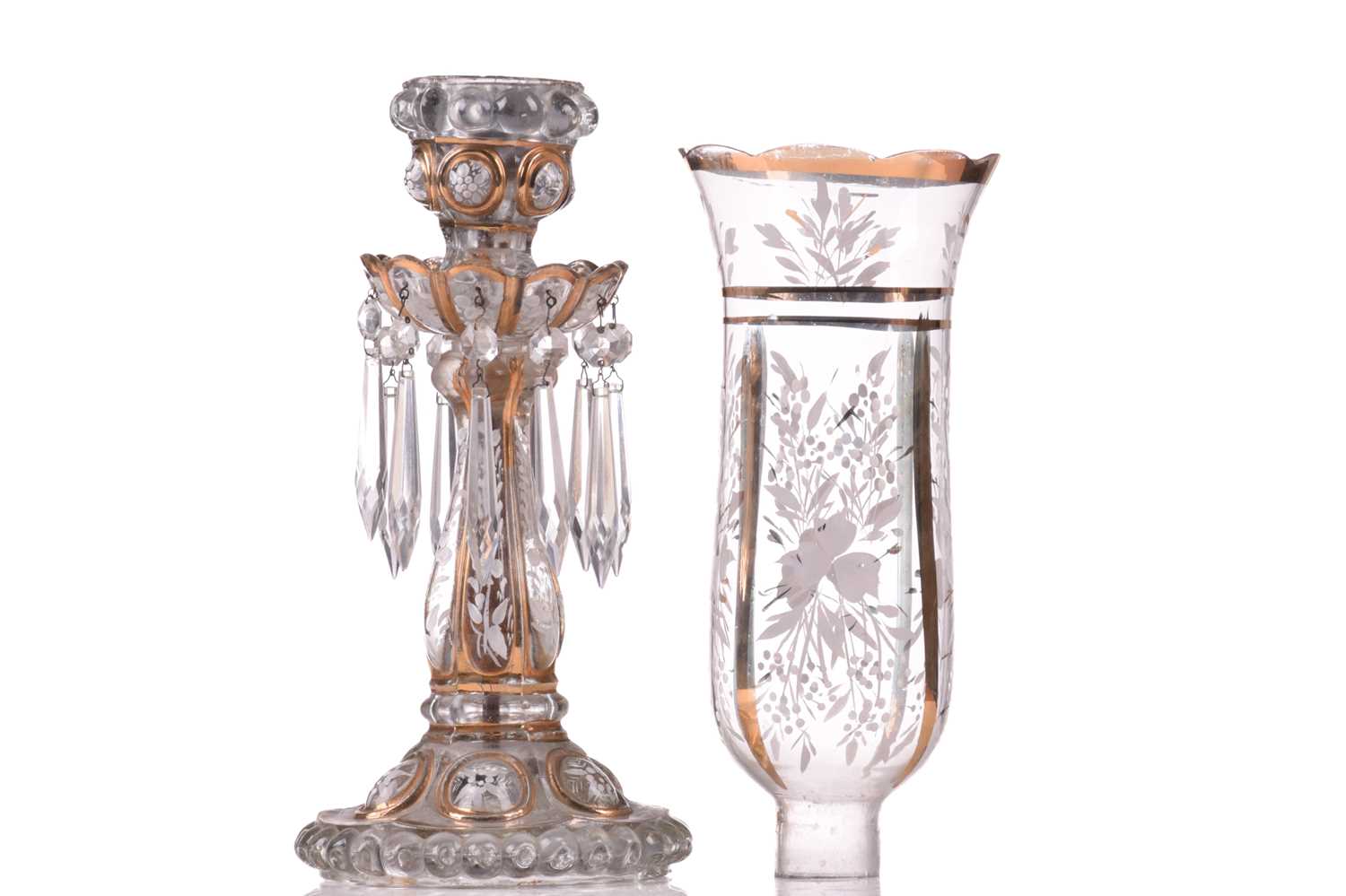 A pair of Victorian glass storm lights, with white enamel floral decoration and gilt highlights, the - Image 8 of 16