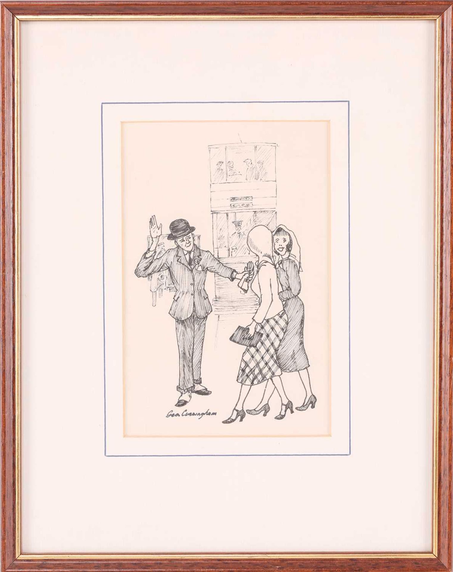 George Cunningham (1924 - 1996), Gentleman guiding ladies across a tram line, signed, pen drawing, - Image 14 of 46