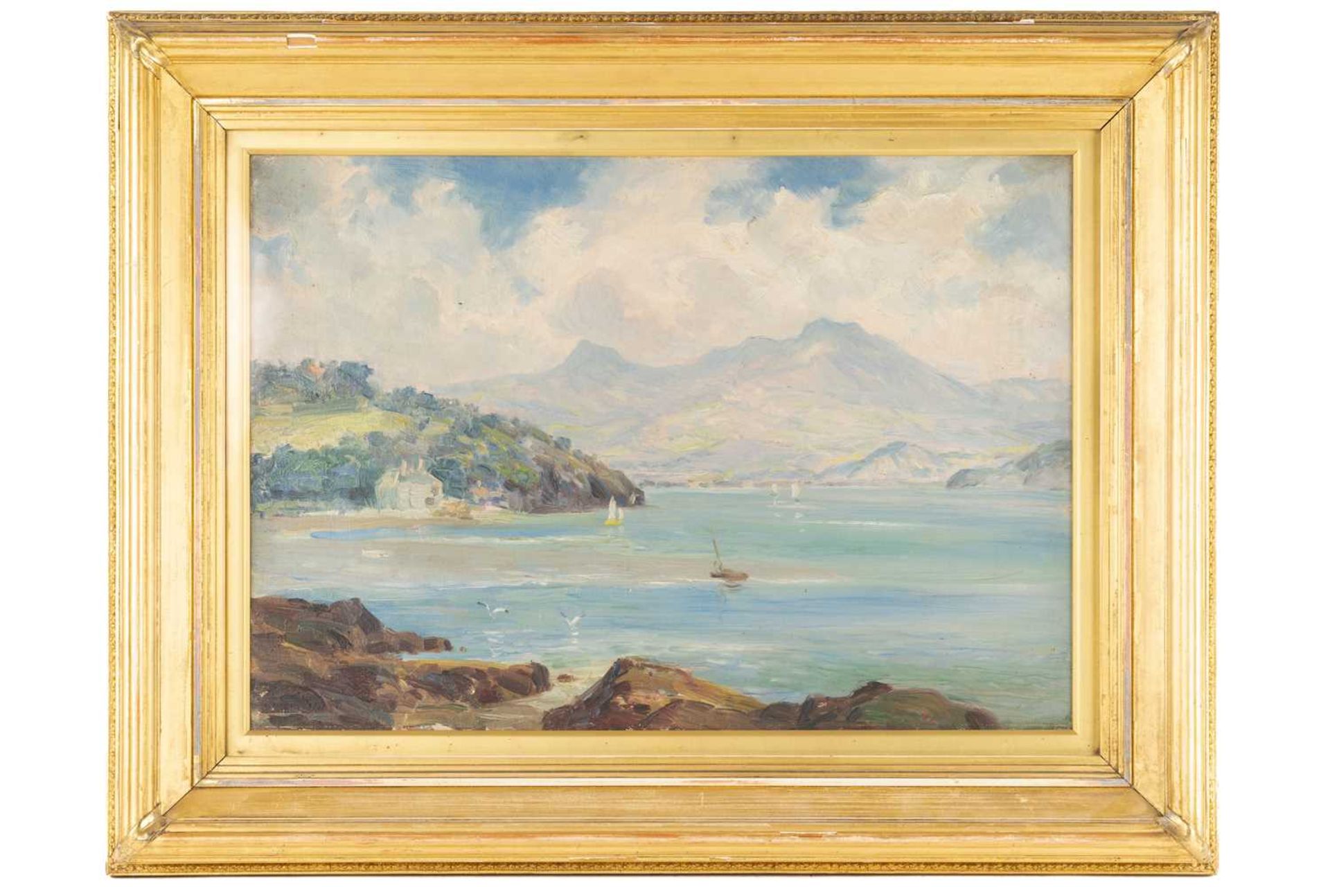 Robert Fowler (1853 - 1926), Moelwyn Mountains from Borth-Y-Gest, oil on board, labelled verso 'I