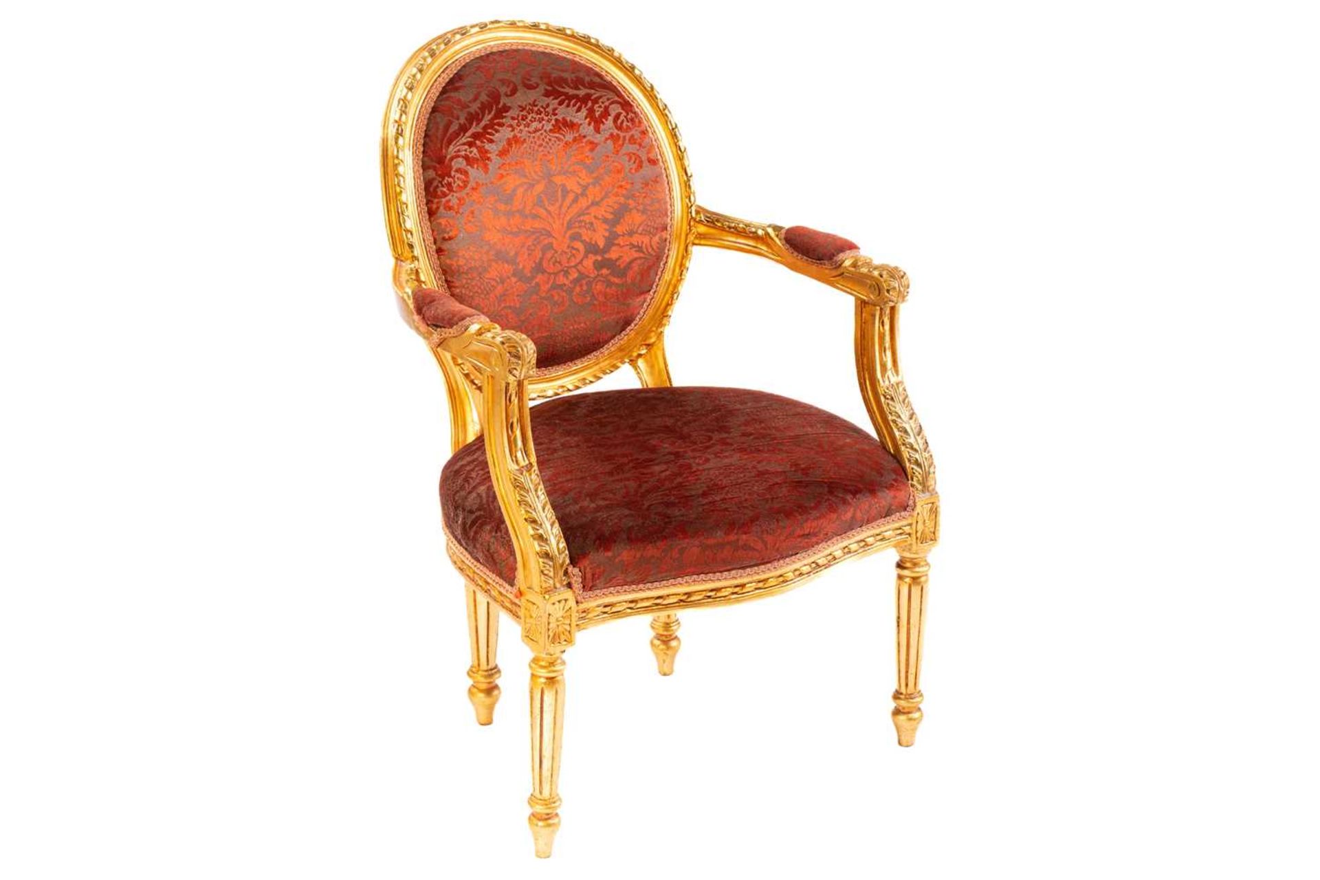 A Louis XVI style gilt wood fauteuil, 20th century, with cameo back and ribbon carved outline, - Bild 3 aus 17