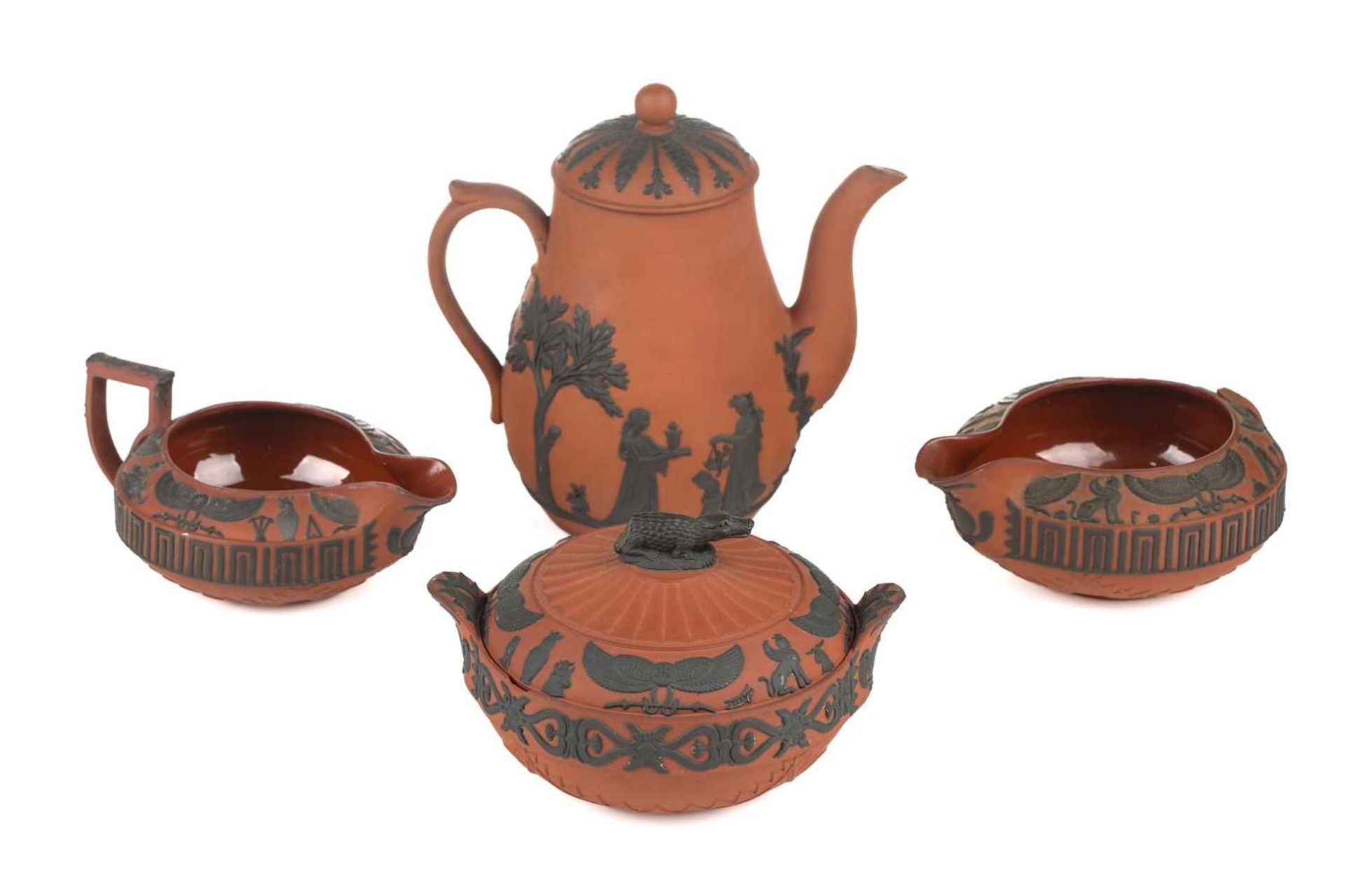 A Wedgwood rosso antico small coffee pot and cover, 19th century, with applied neo-classical - Bild 2 aus 52