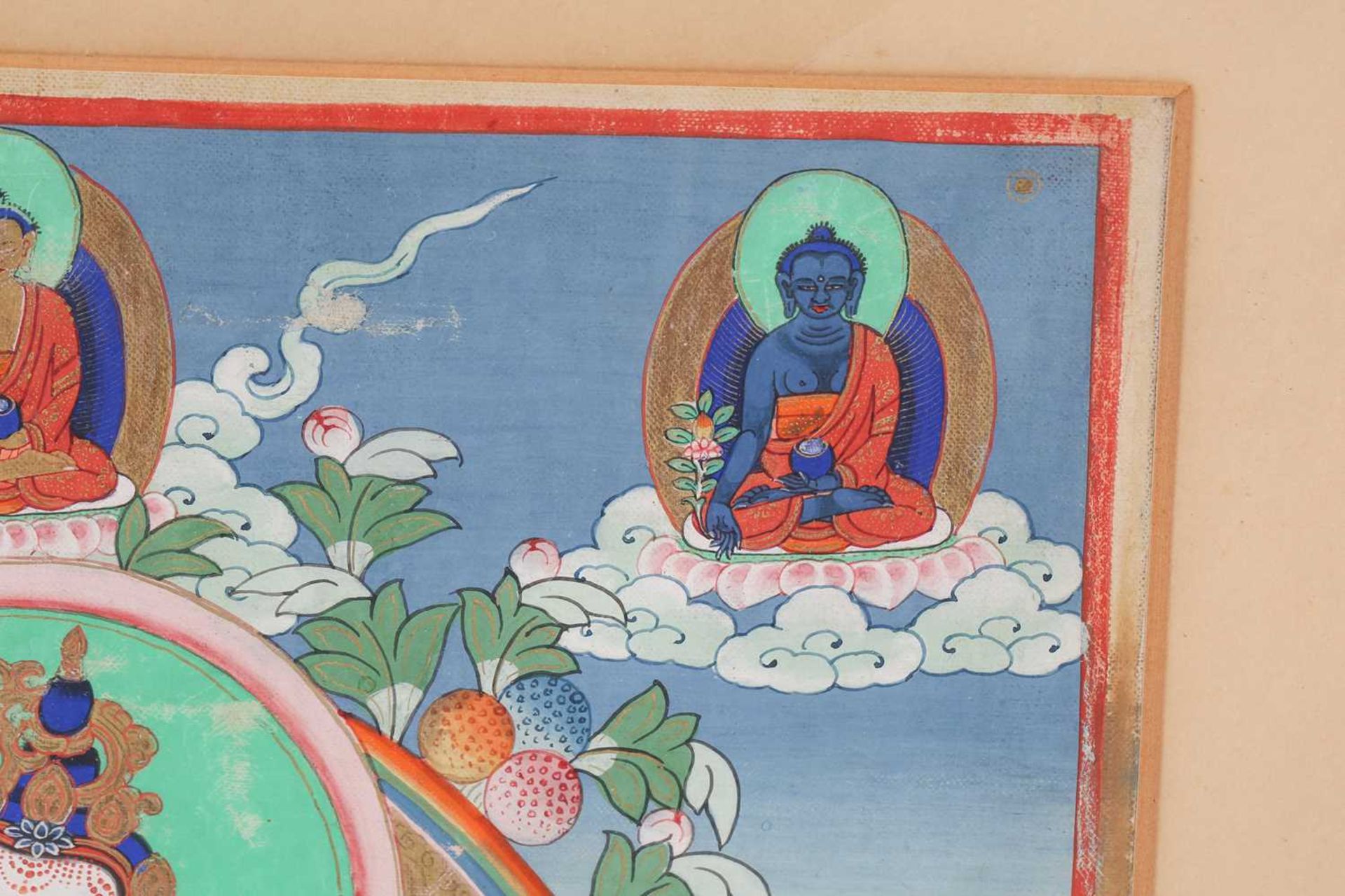 A 19th century Tibetan Buddhist Thangka, 35 cm x 28 cm glazed in an oak frame, together with a - Image 3 of 12