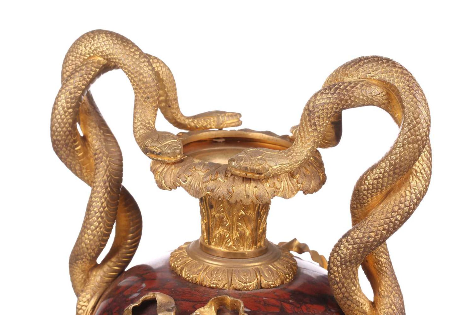 A pair of fine large Napoleon III rouge marble and ormolu serpent-handled urns and covers, each body - Image 7 of 31