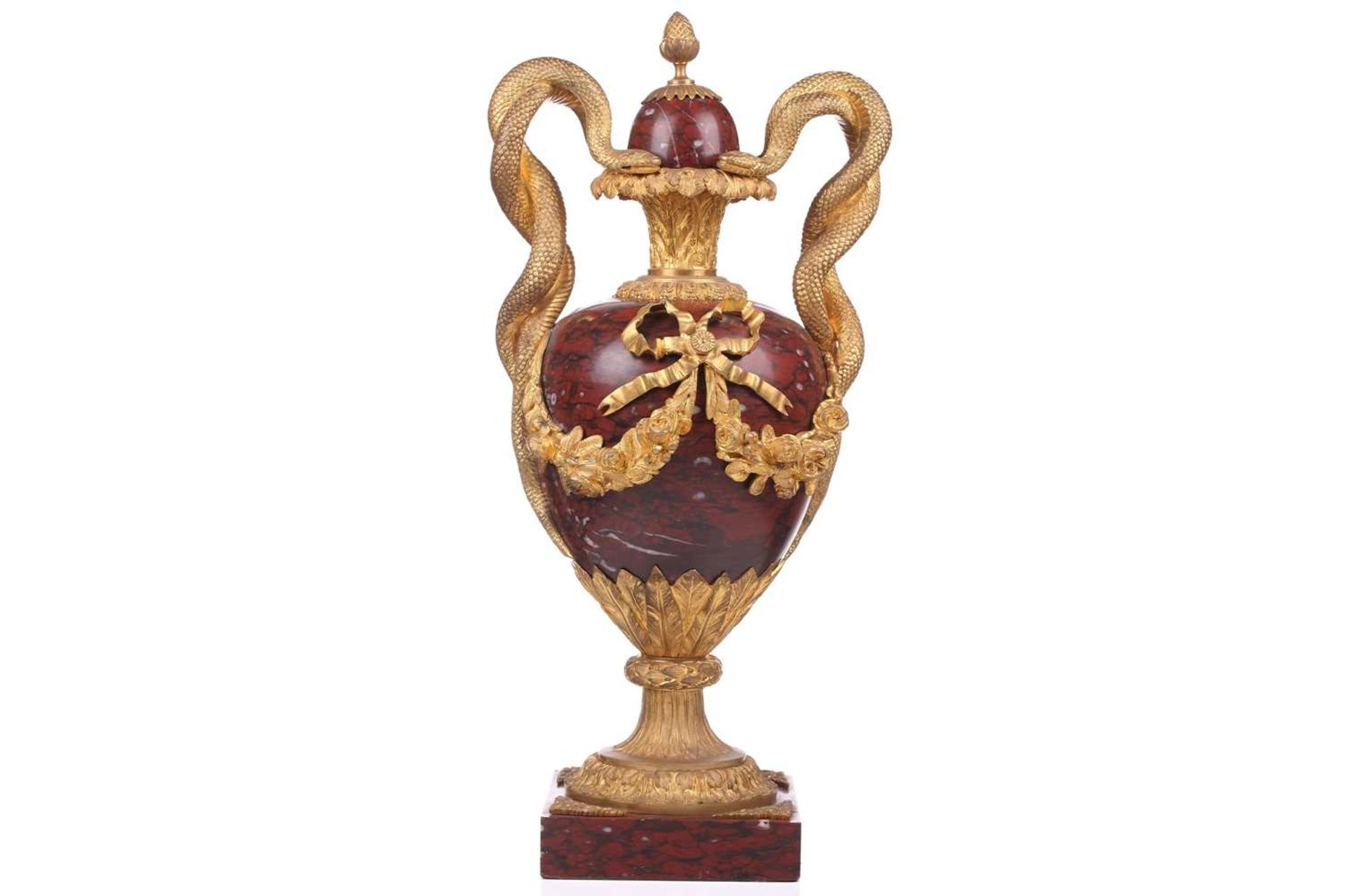 A pair of fine large Napoleon III rouge marble and ormolu serpent-handled urns and covers, each body - Image 2 of 31