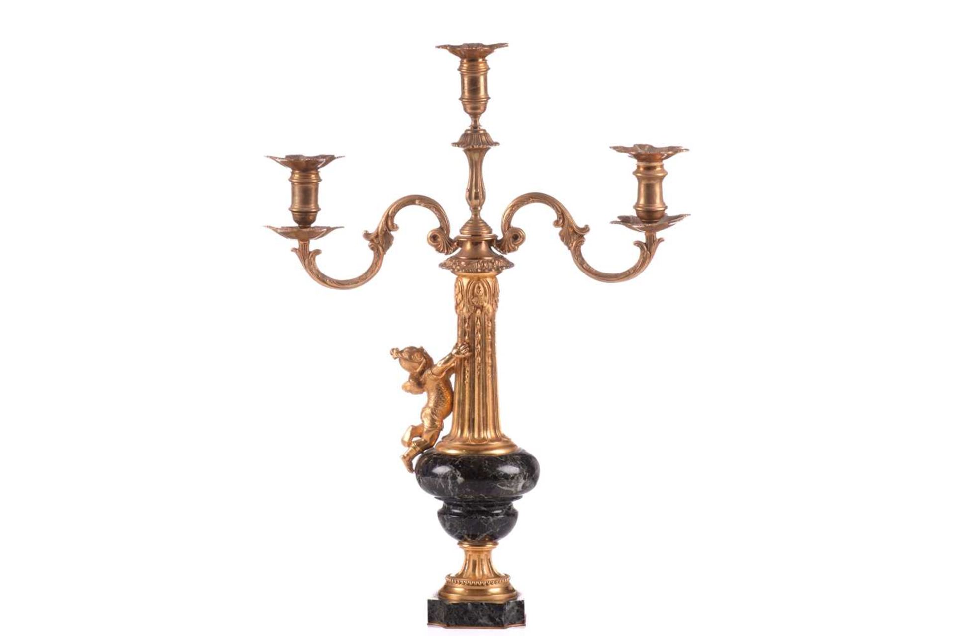 A pair of French marble and ormolu mounted candelabra, circa 1880, with two scrolling branches on - Image 4 of 7