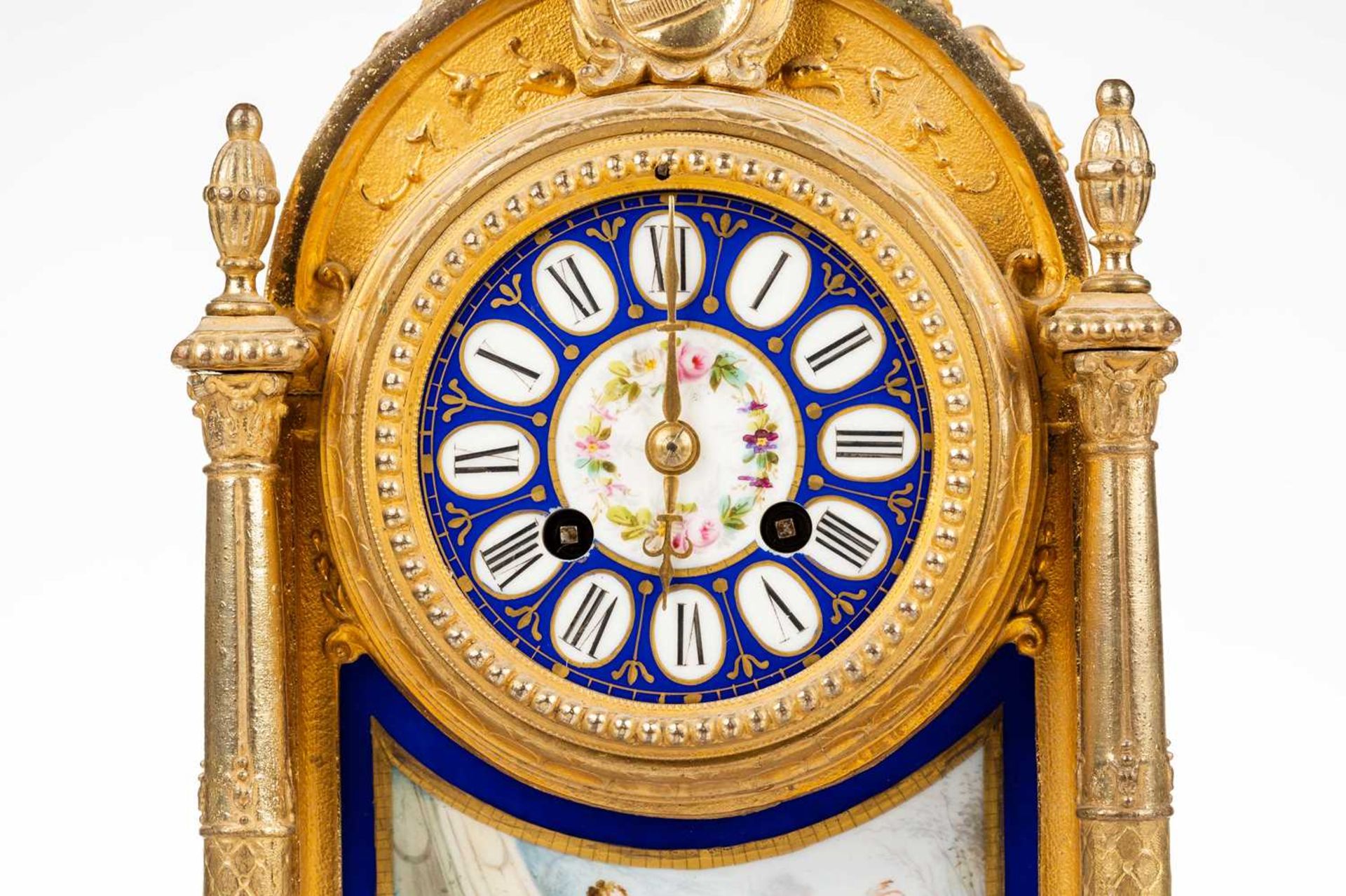 A Louis XVI-style gilt metal cased 8-day mantle clock of architectural arched form, with Sevres - Image 3 of 13