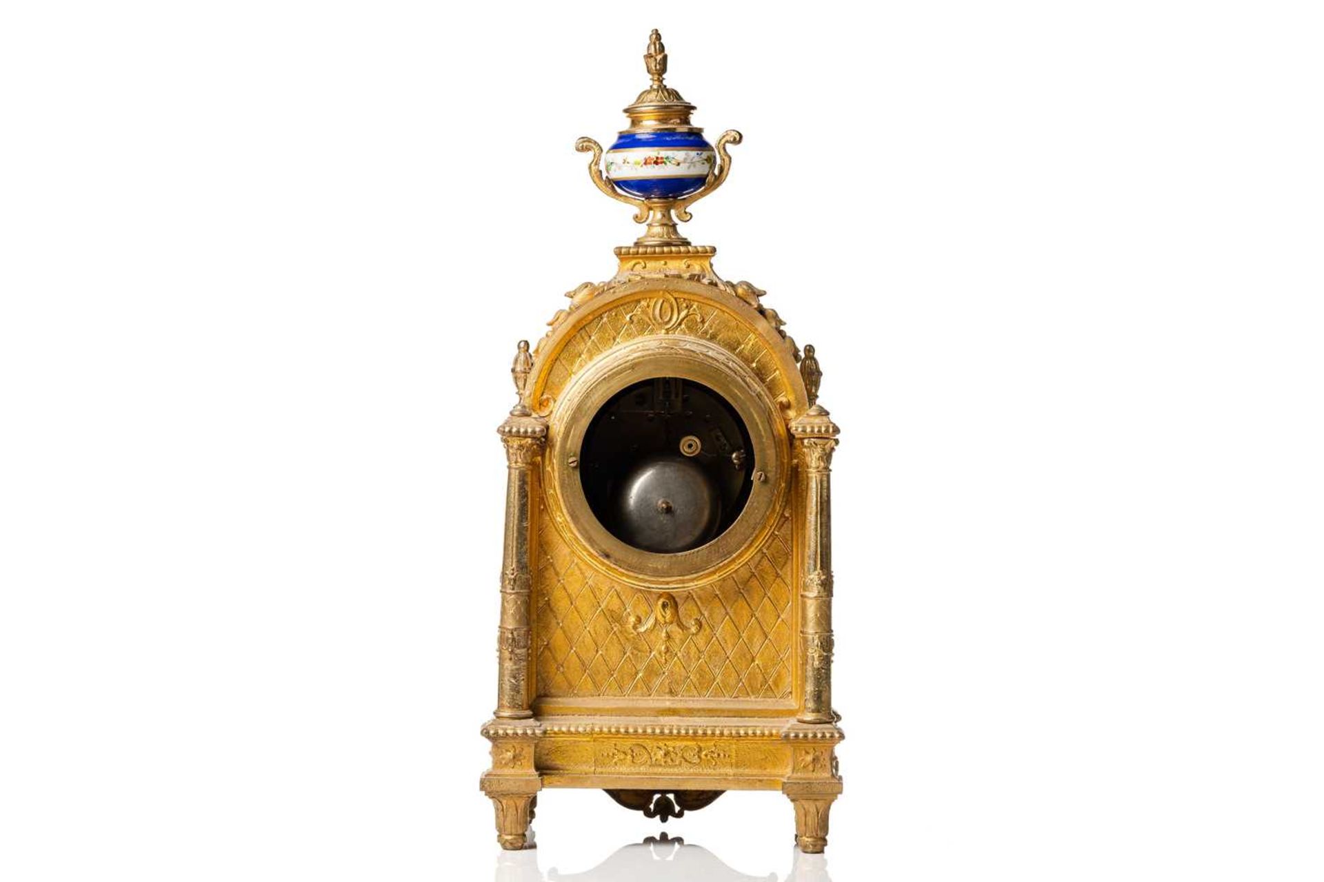 A Louis XVI-style gilt metal cased 8-day mantle clock of architectural arched form, with Sevres - Image 8 of 13