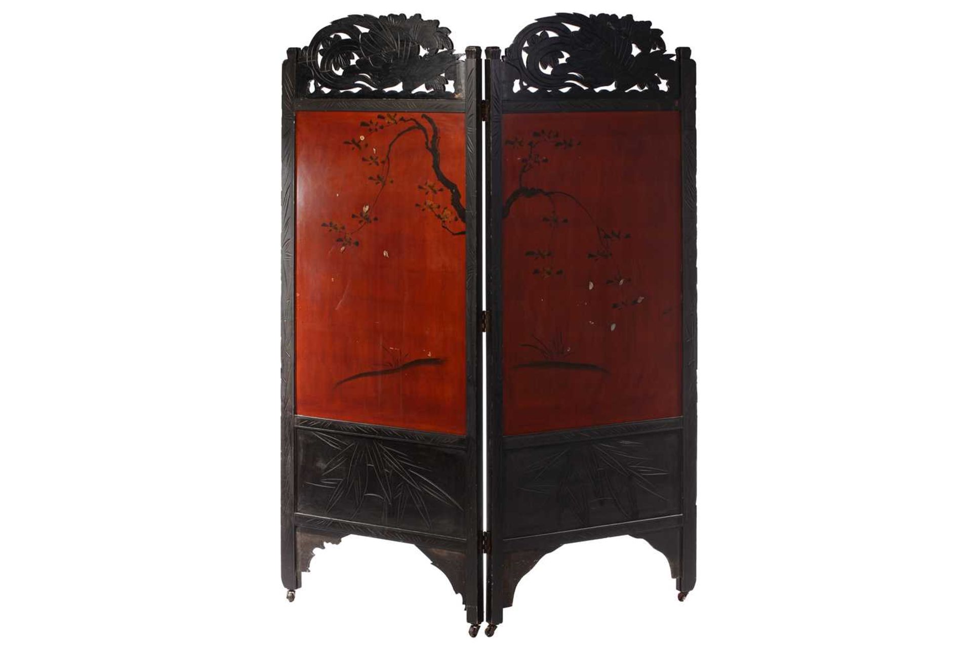 A Japanese carved and lacquered wood two-fold dressing screen, Meiji, late 19th/20th century, each - Image 2 of 13