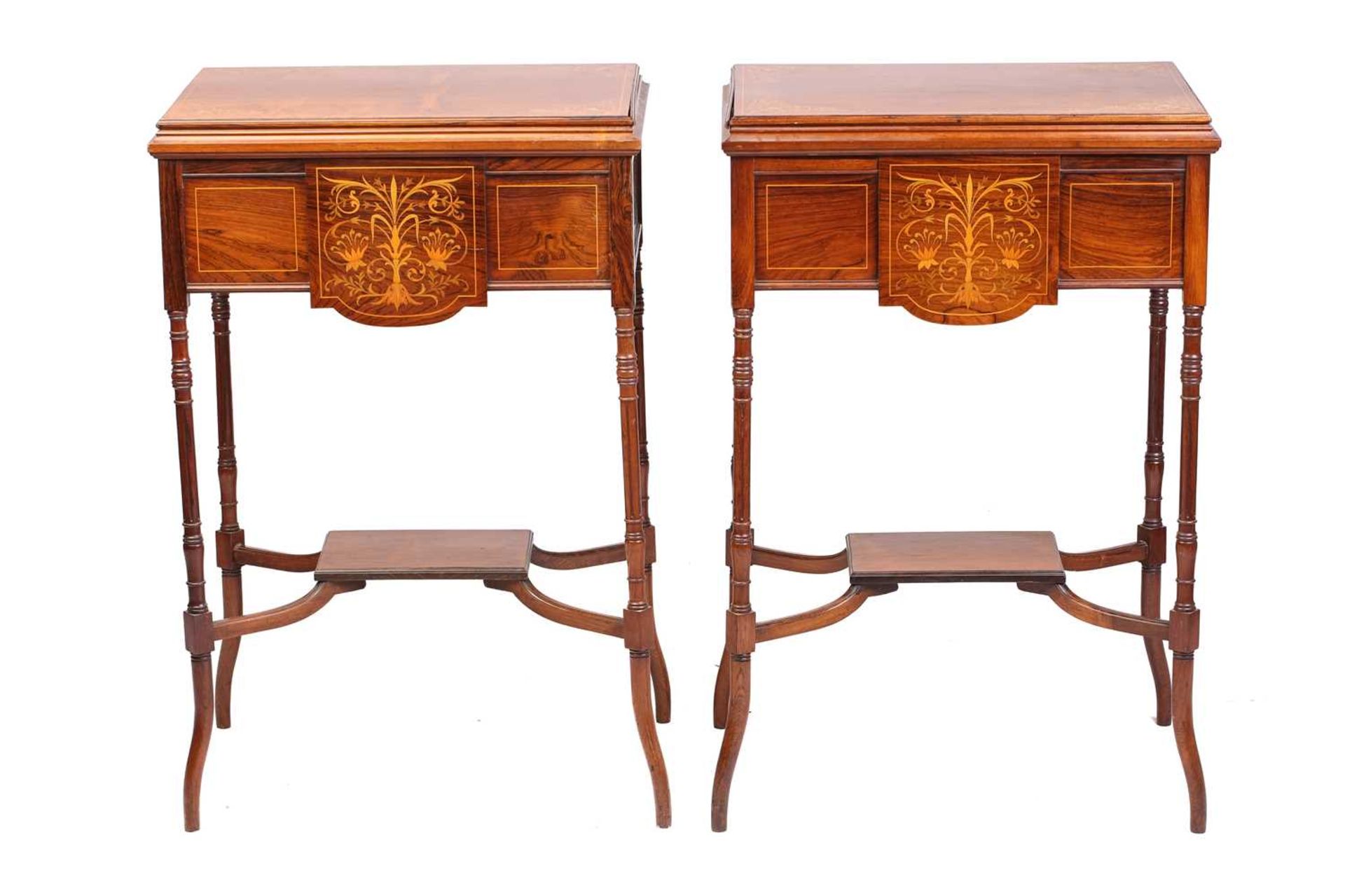 A pair of Edwardian rectangular figured rosewood jardiniere/ wine cooler tables, possibly by Edwards - Bild 14 aus 16