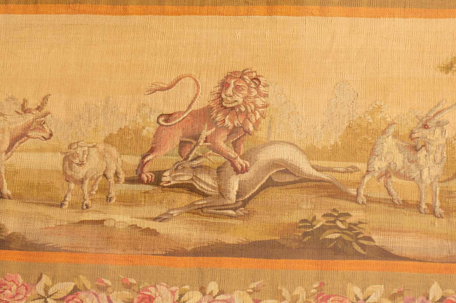 A pair of Aubusson tapestry frieze panels, late 19th/20th century, each woven with combative - Image 5 of 8