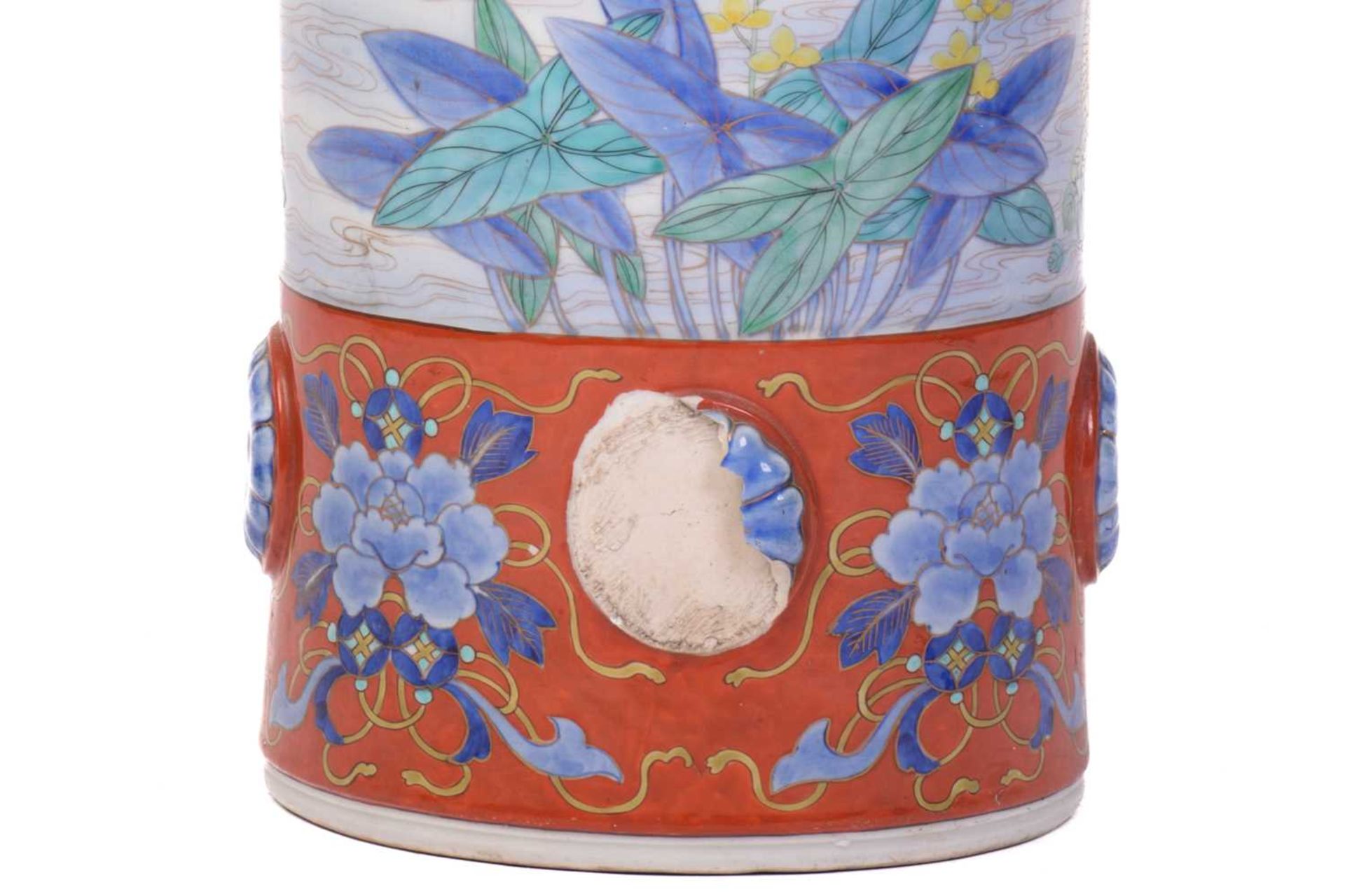 A large Japanese Fukagawa cylindrical porcelain stick stand, Meiji, late 19th century, painted - Image 11 of 16