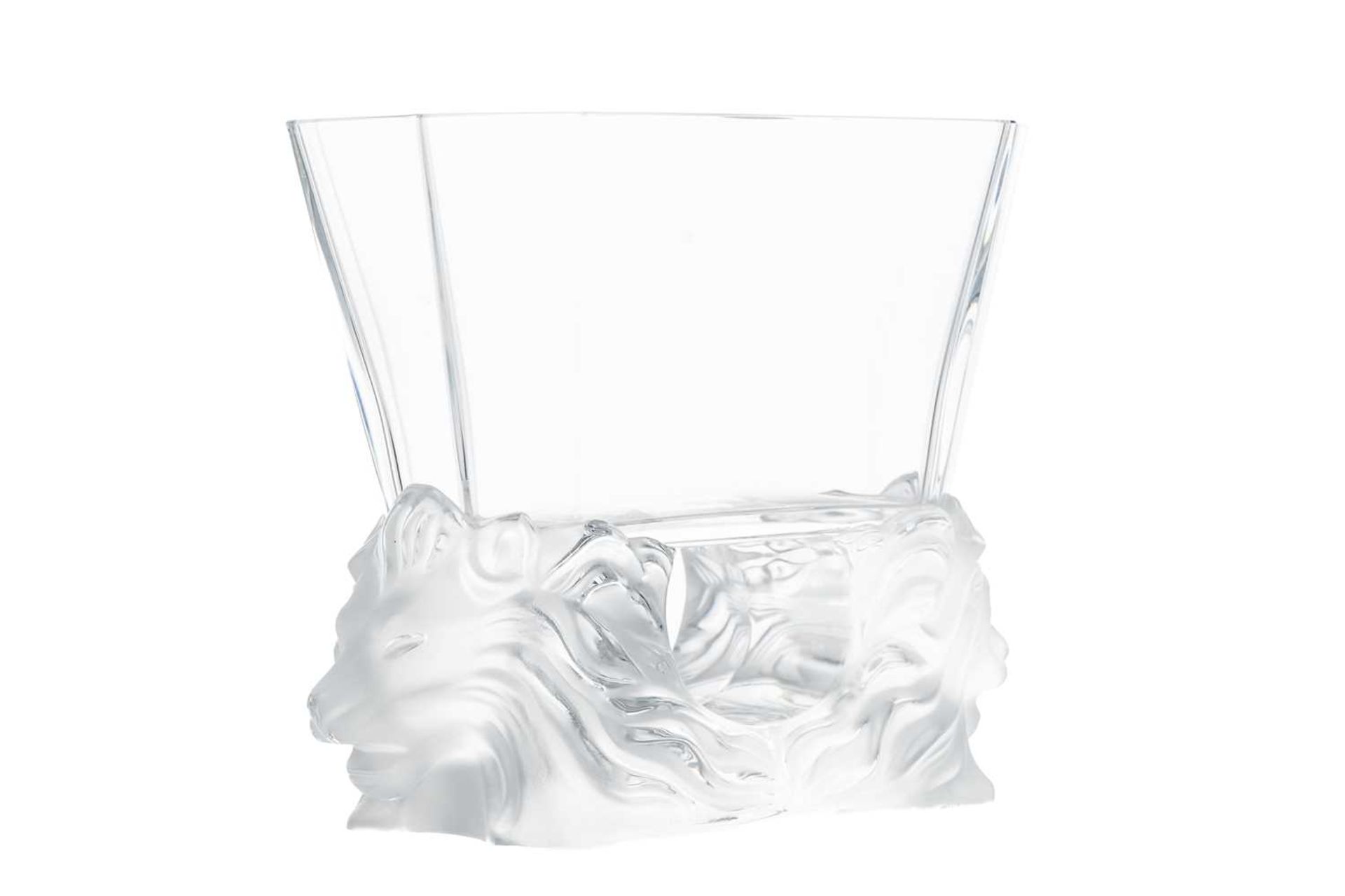 A Lalique frosted and clear glass 'Venise' vase, with lion heads in profile, etched 'Lalique France'