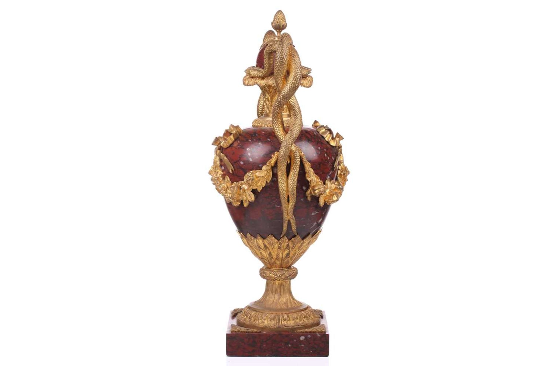 A pair of fine large Napoleon III rouge marble and ormolu serpent-handled urns and covers, each body - Image 9 of 31