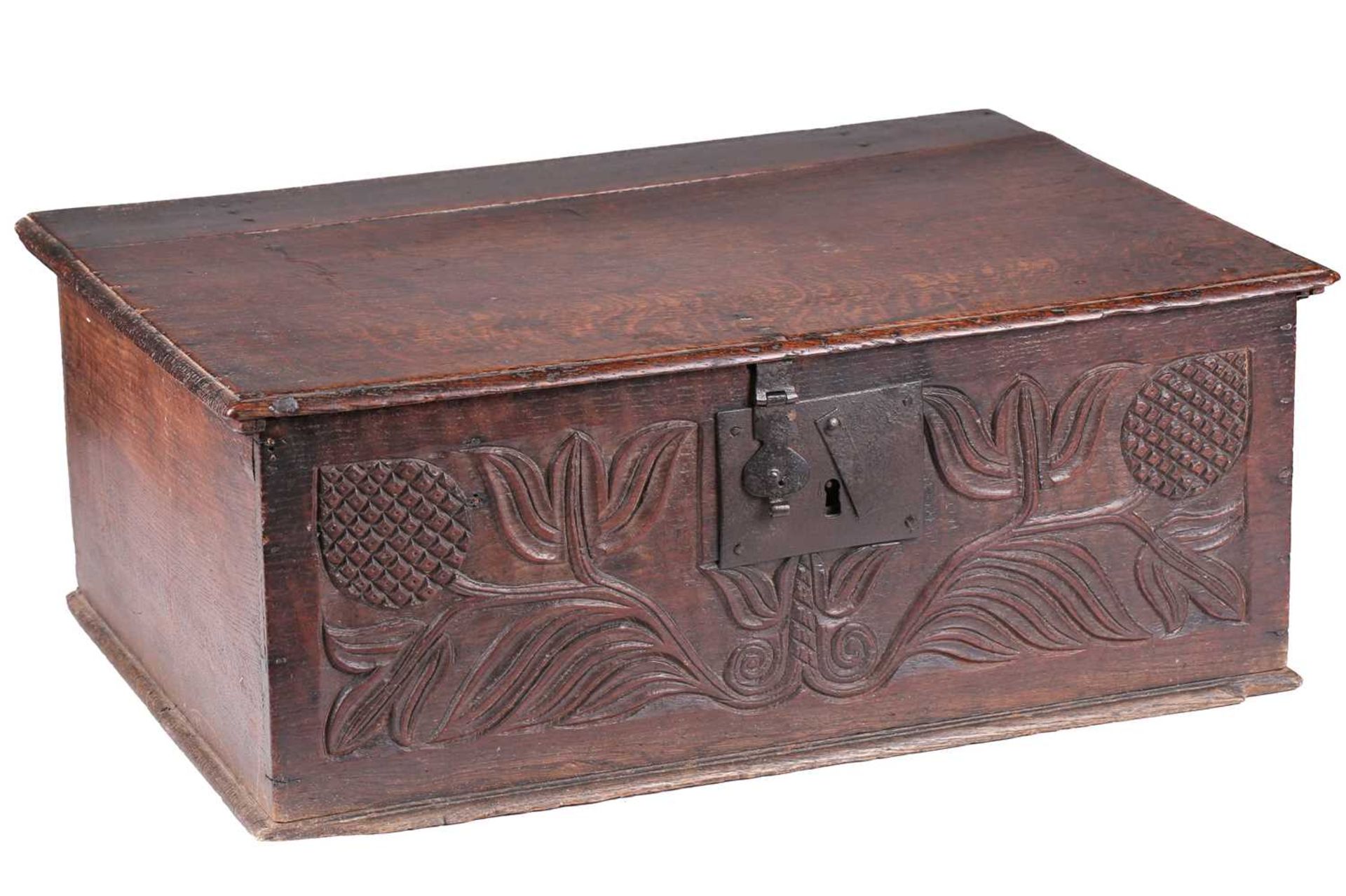 An oak bible box, 17th/18th century, of rectangular form, the front panel carved with stylised - Bild 2 aus 28
