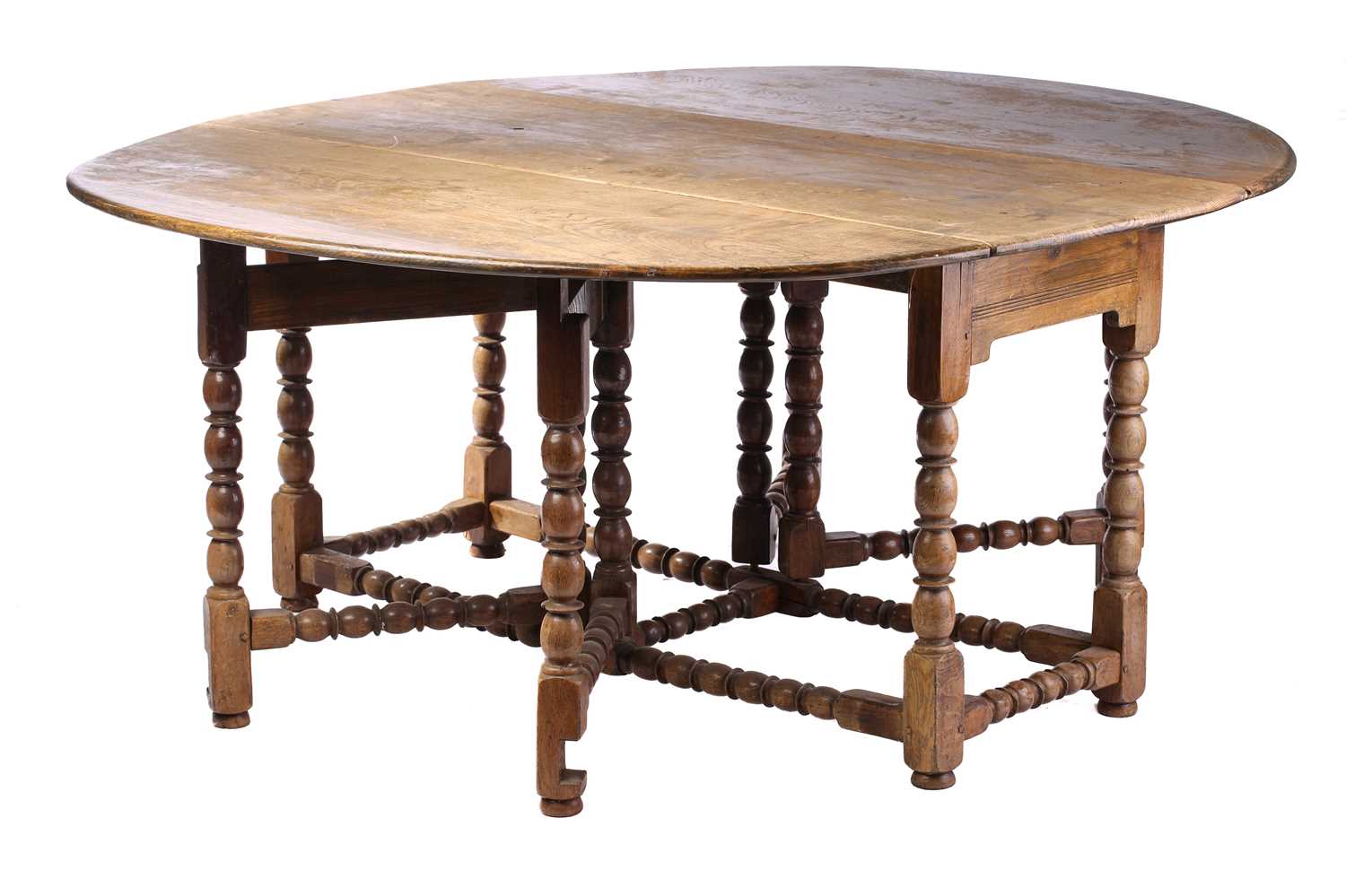 A late 17th-century style oval oak double gateleg table, 20th century with bobbin and blade turned