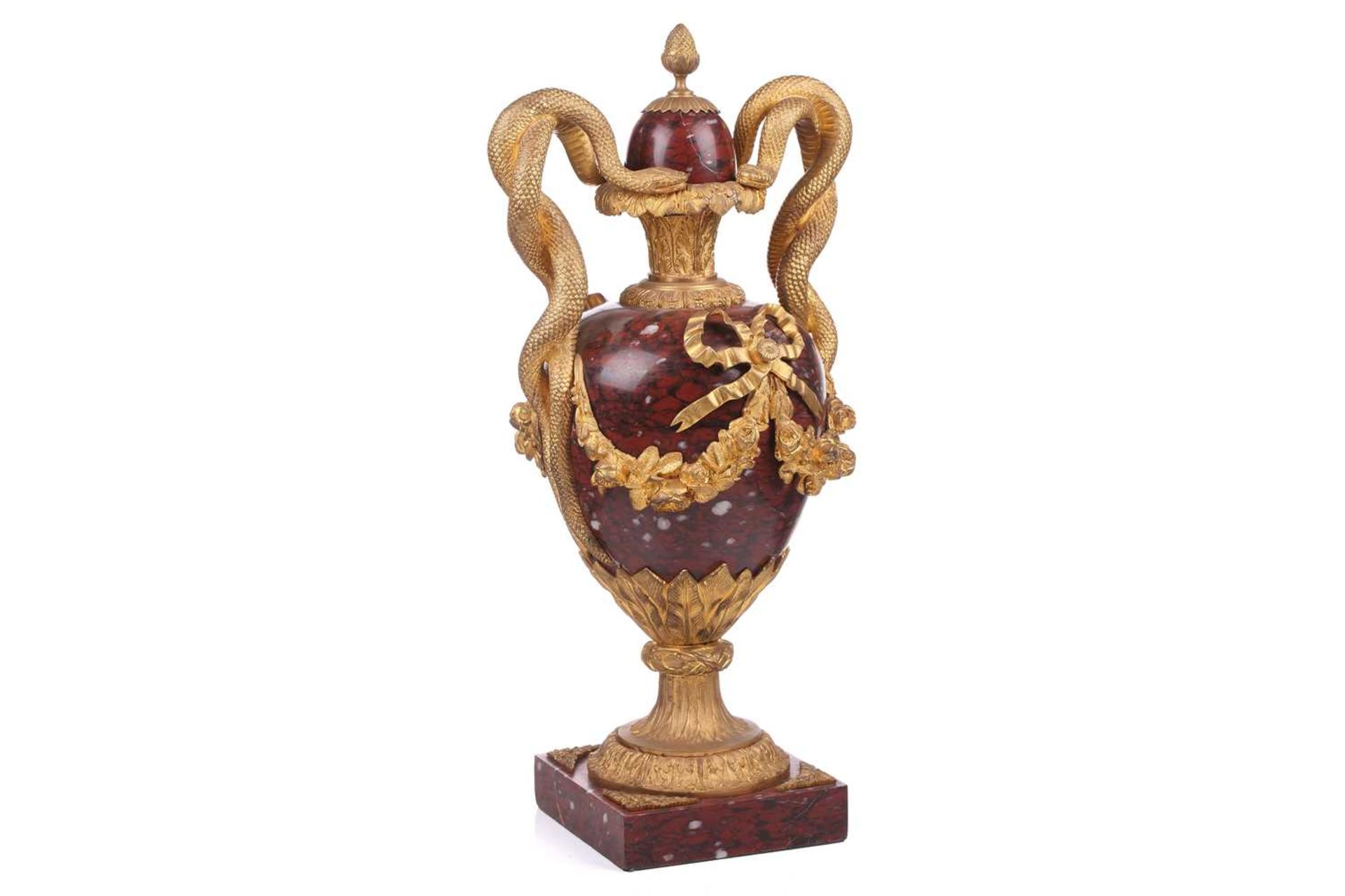 A pair of fine large Napoleon III rouge marble and ormolu serpent-handled urns and covers, each body - Image 12 of 31