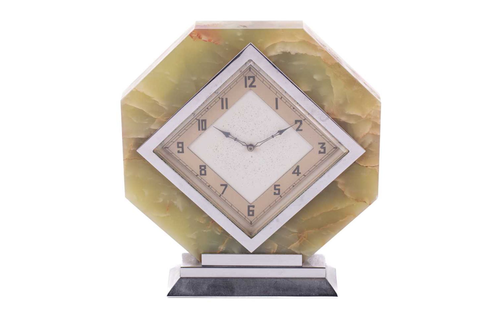 An Art Deco Smith of Enfield Austrian green onyx mantle clock, early 20th century, the solid - Image 3 of 14