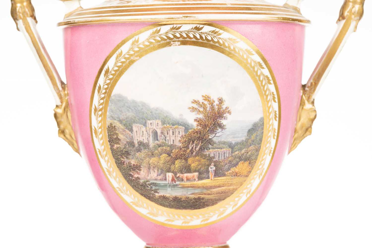 A 19th-century Derby porcelain twin-handled vase, with a hand-painted view of Rievaulx Abbey, - Image 3 of 9