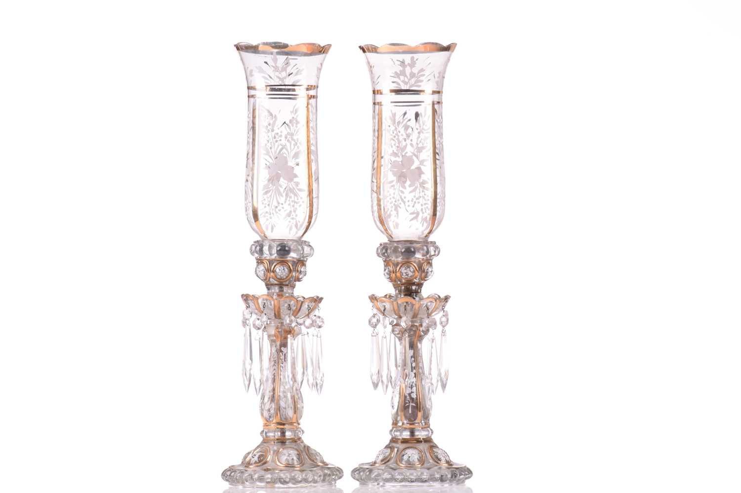 A pair of Victorian glass storm lights, with white enamel floral decoration and gilt highlights, the - Image 7 of 16